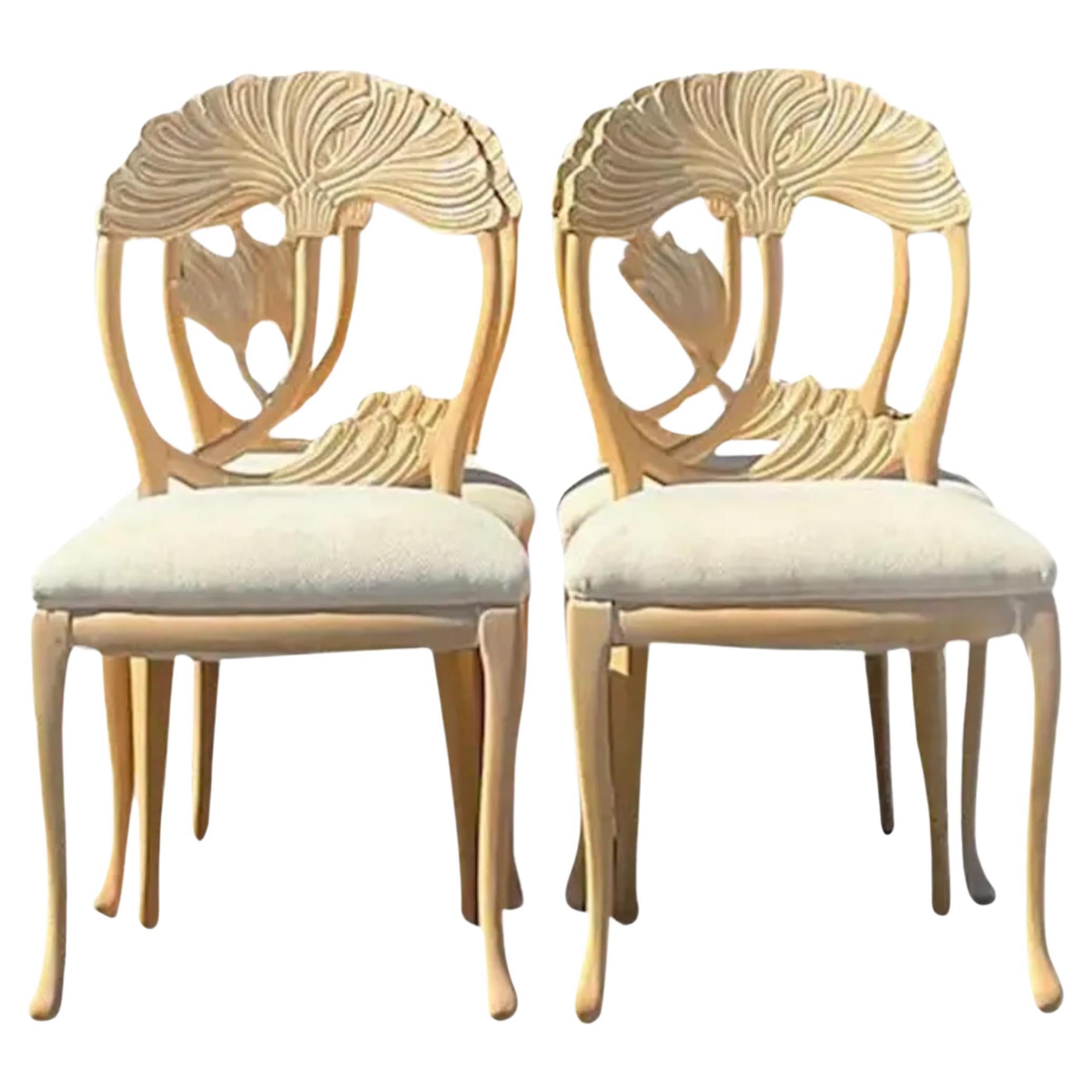 Vintage Coastal Carved Lotus Blossom Chairs - Set of 4