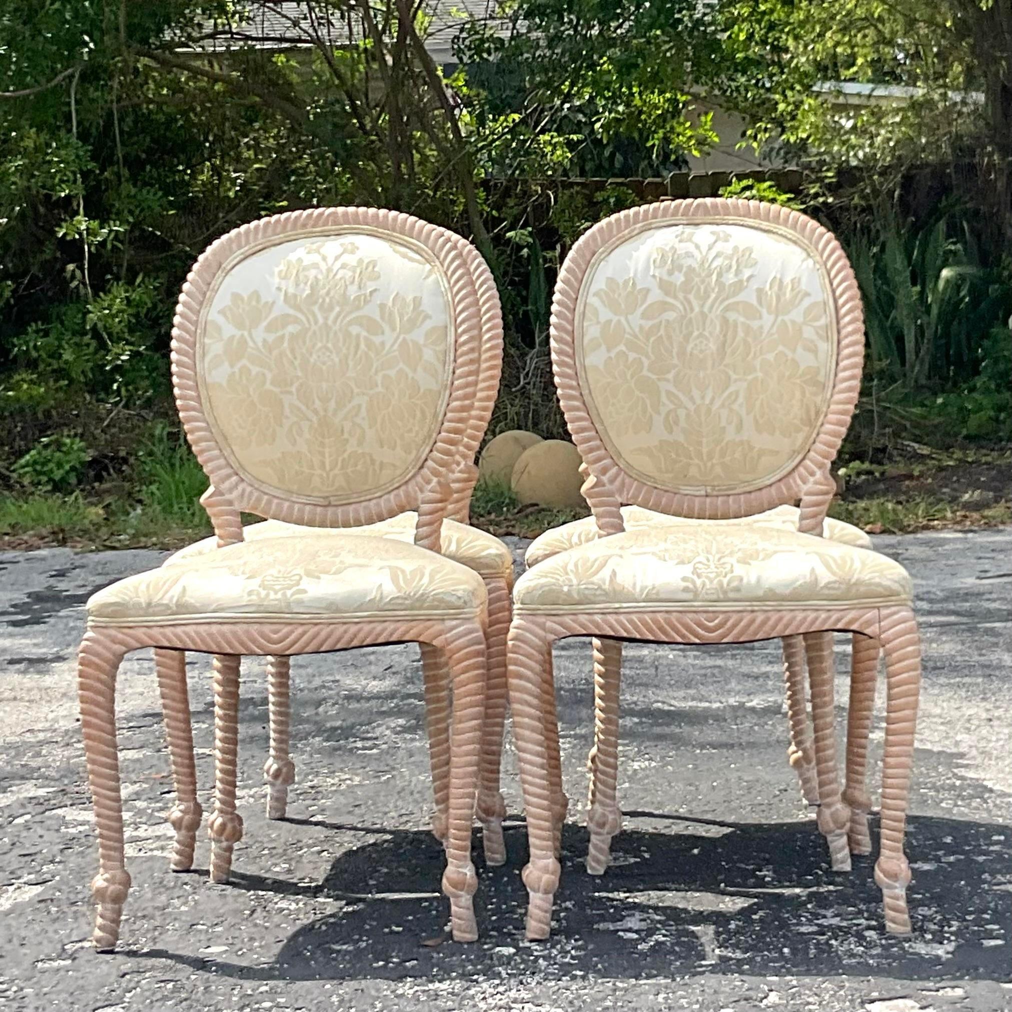 Invite coastal charm into your dining space with this set of 4 vintage carved rope dining chairs. Crafted with meticulous detail and sturdy construction, these chairs exude a timeless seaside elegance. Perfect for gatherings and everyday meals