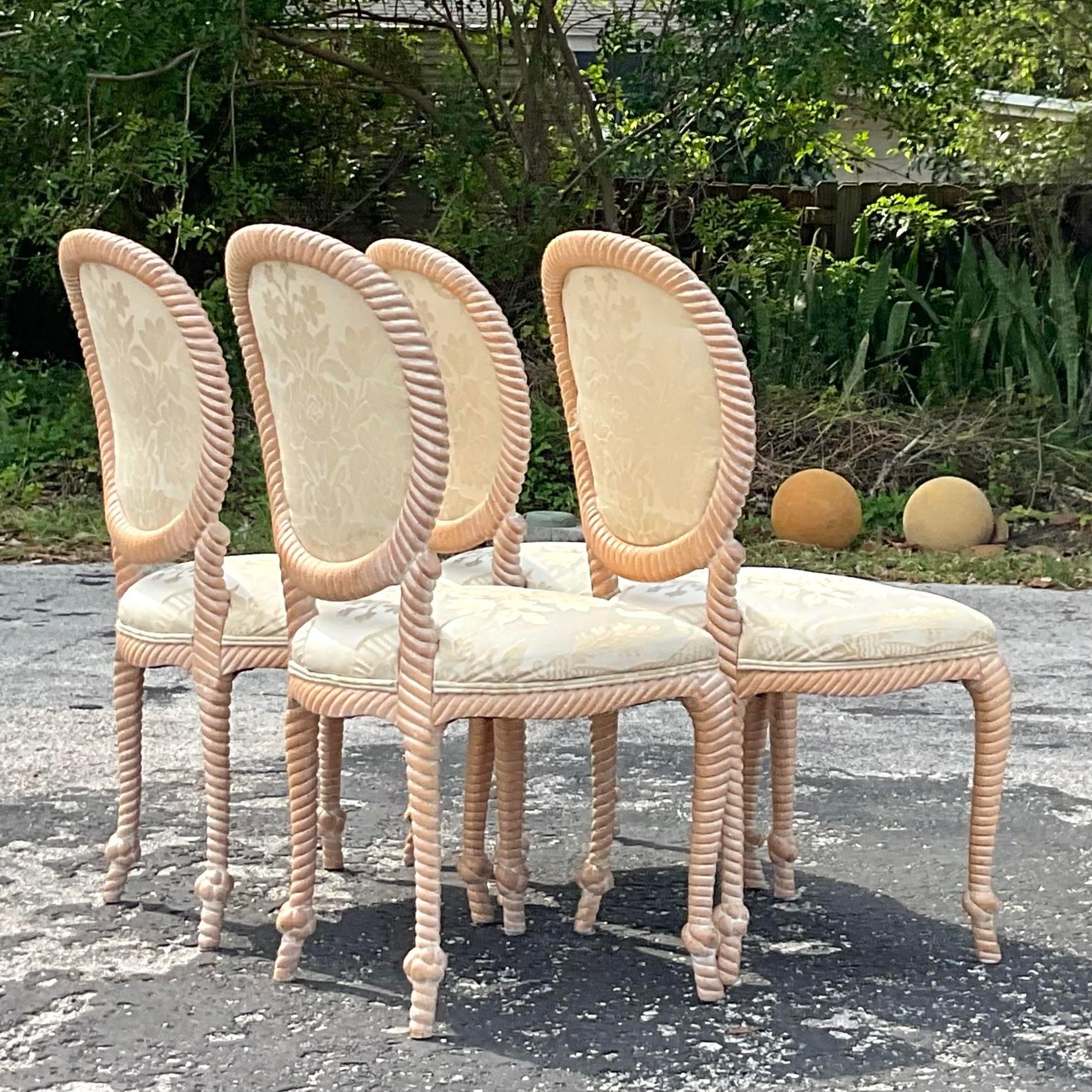Bohemian Vintage Coastal Carved Rope Dining Chairs - Set of 4 For Sale