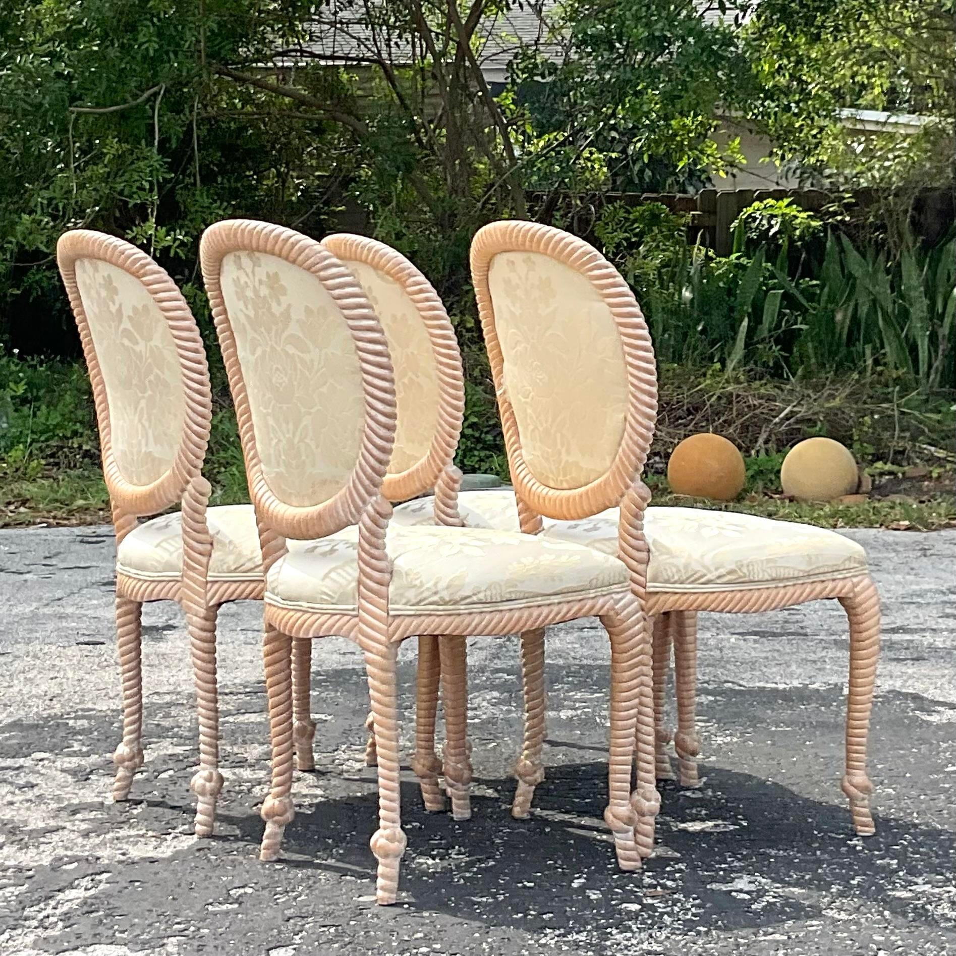 Spanish Vintage Coastal Carved Rope Dining Chairs - Set of 4 For Sale