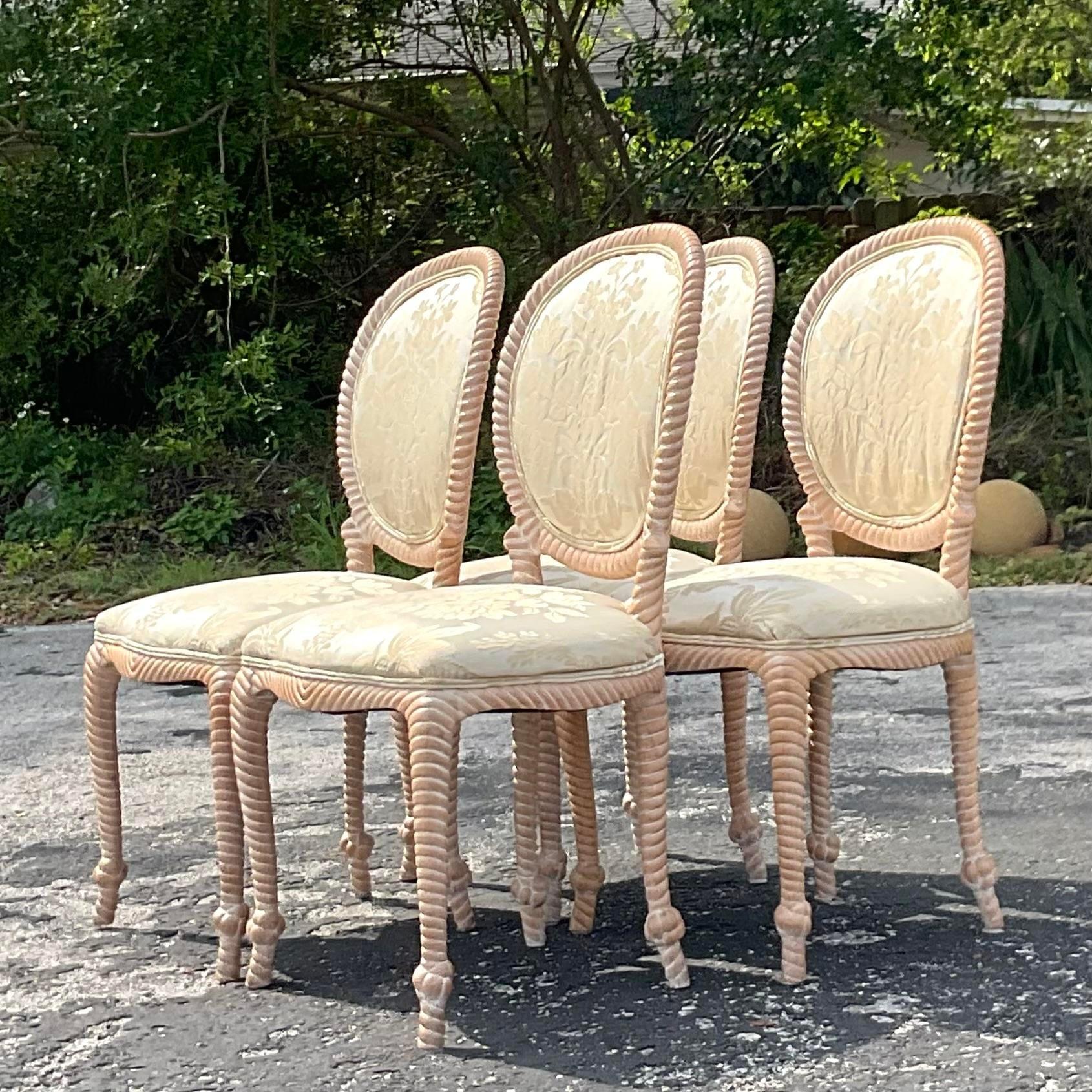 Vintage Coastal Carved Rope Dining Chairs - Set of 4 In Good Condition For Sale In west palm beach, FL
