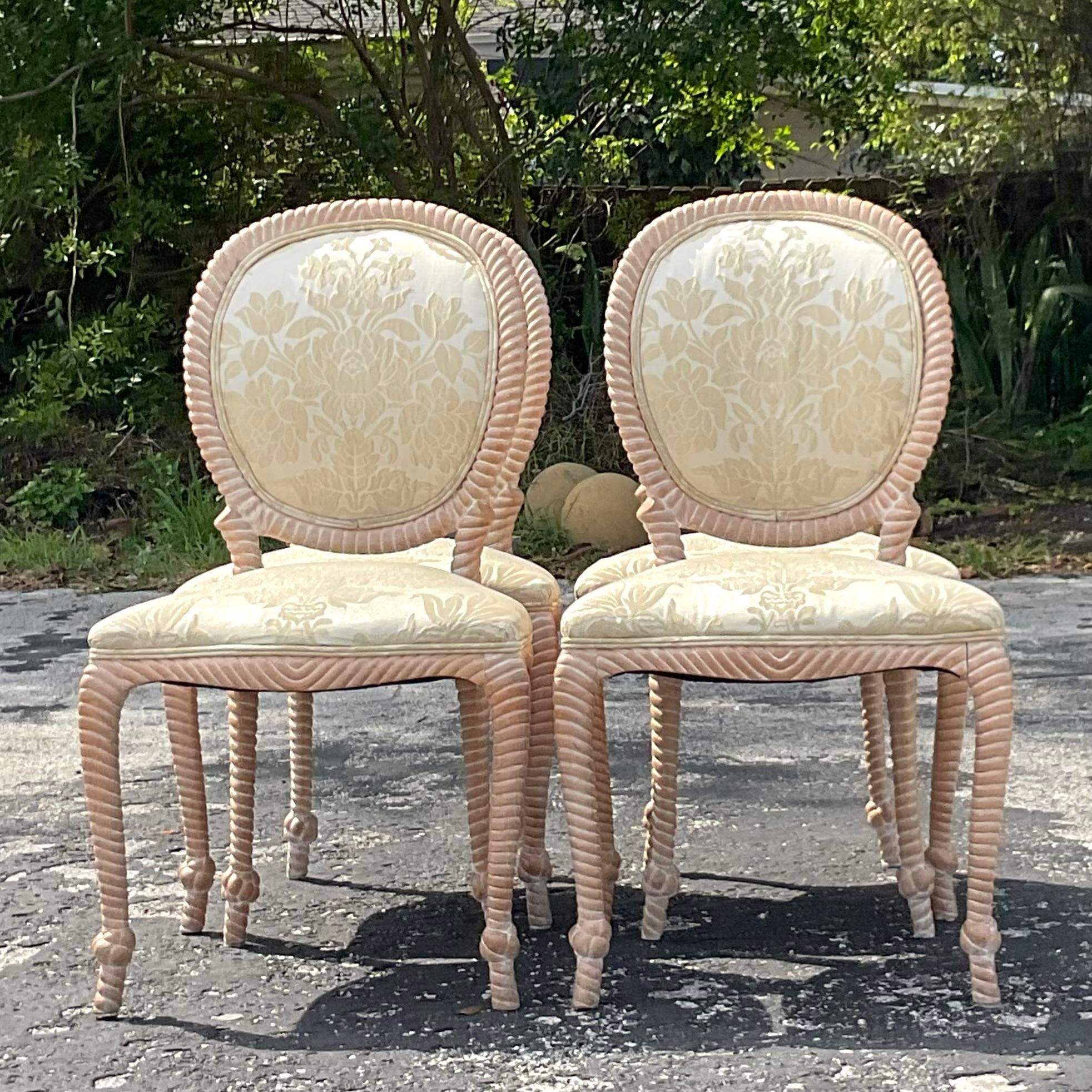 20th Century Vintage Coastal Carved Rope Dining Chairs - Set of 4 For Sale