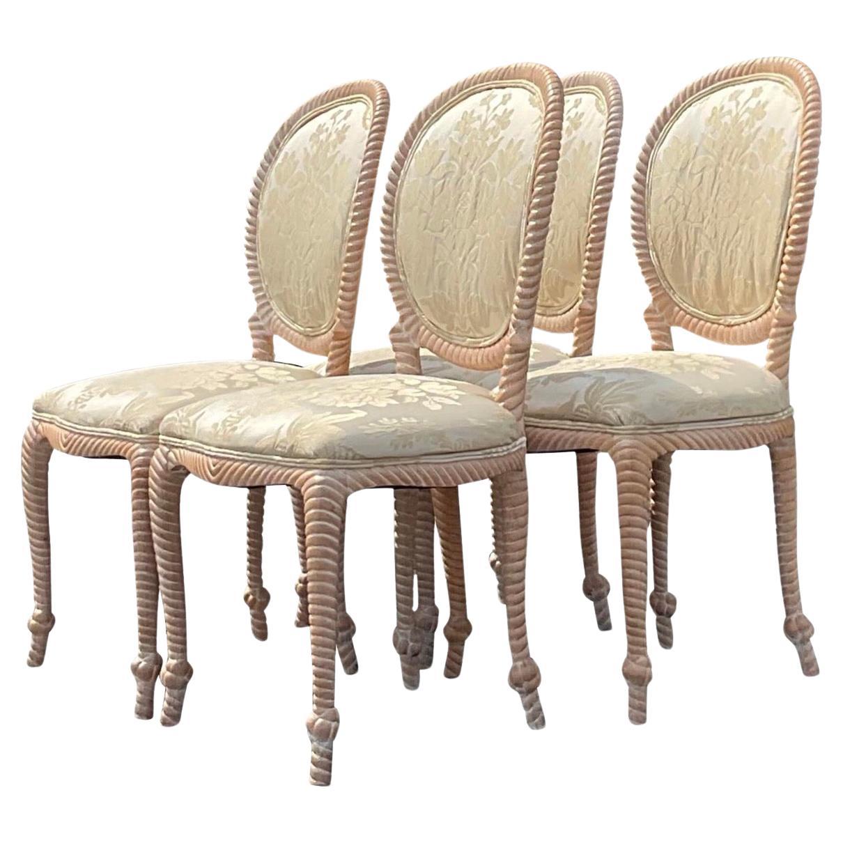 Vintage Coastal Carved Rope Dining Chairs - Set of 4