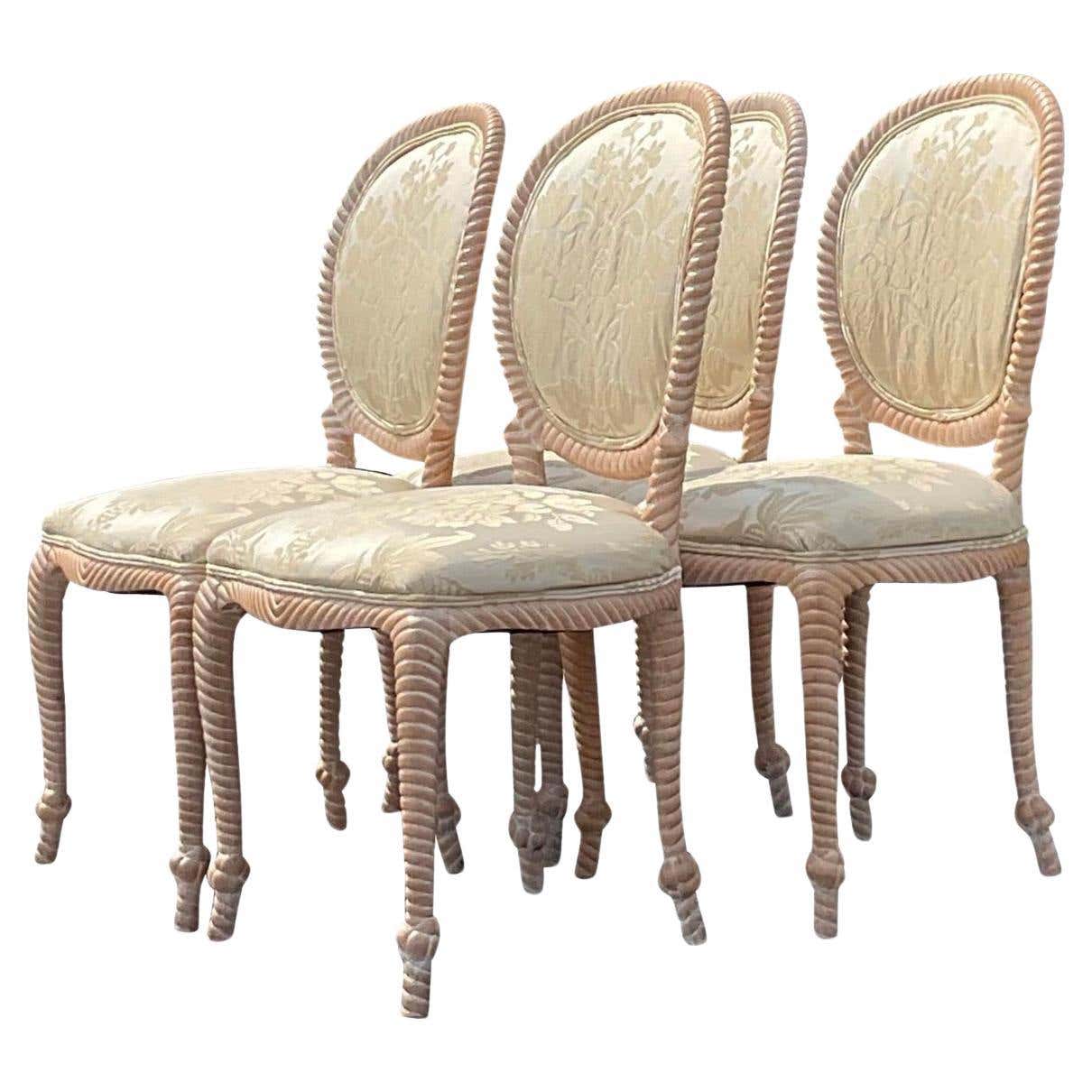 Vintage Coastal Carved Rope Dining Chairs - Set of 4 For Sale at 1stDibs