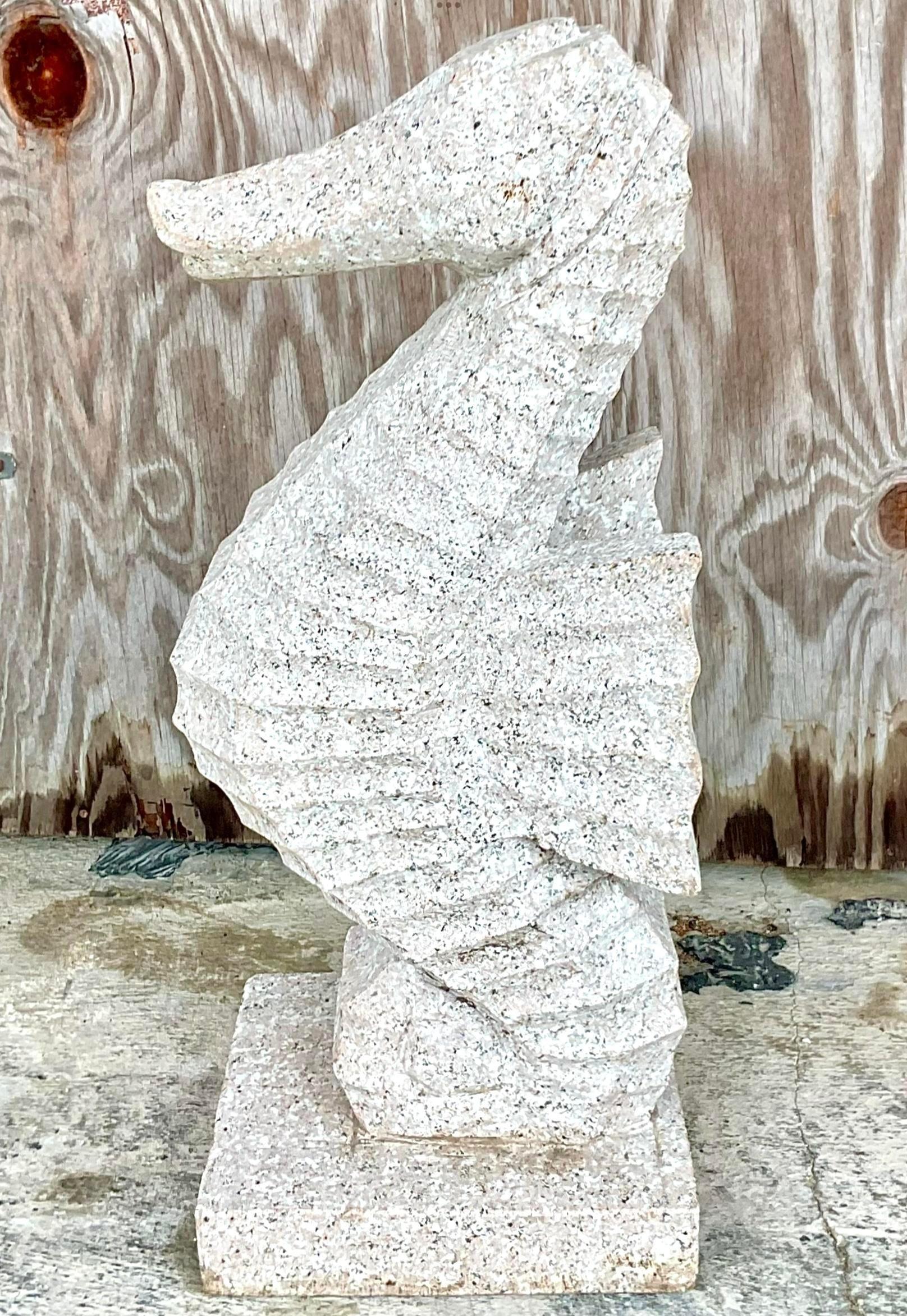 American Vintage Coastal Carved Stone Seahorse Statue For Sale