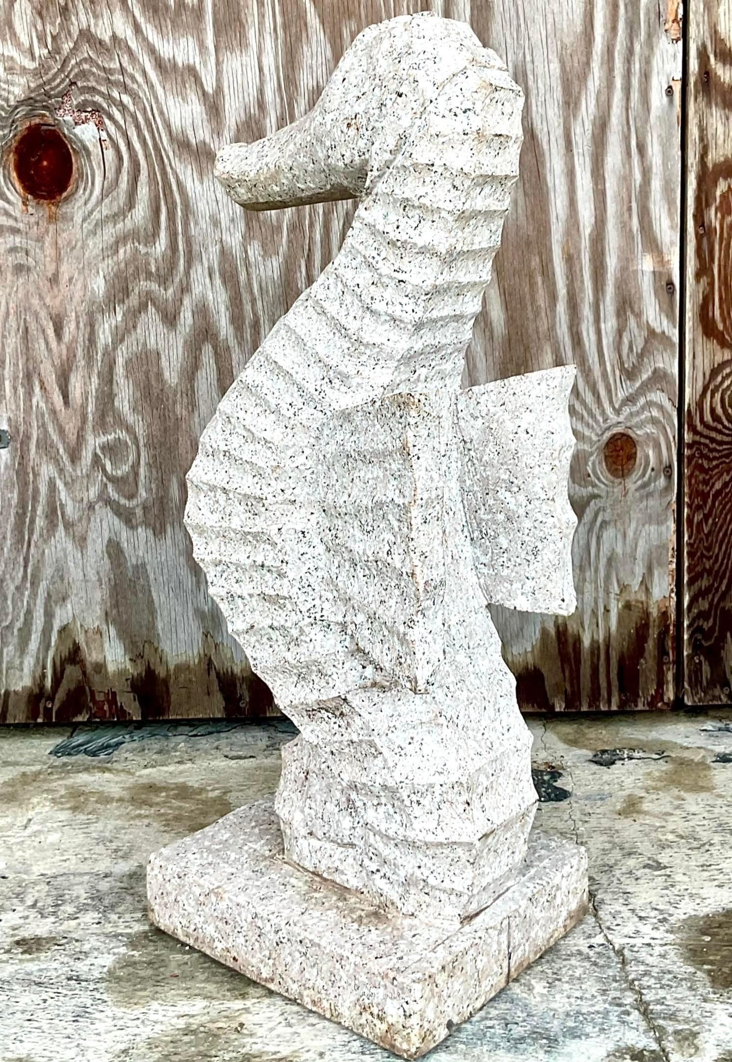 Vintage Coastal Carved Stone Seahorse Statue In Good Condition For Sale In west palm beach, FL