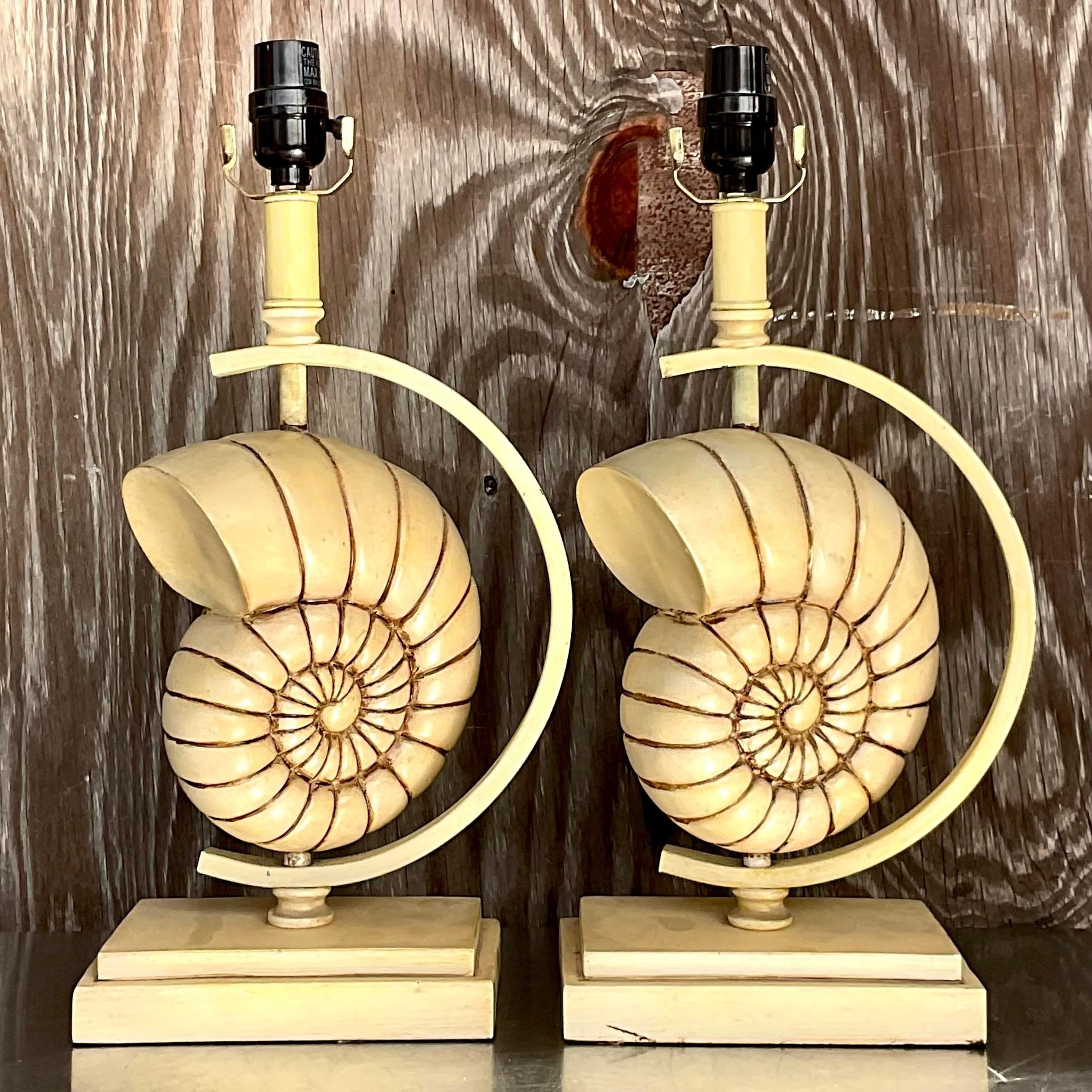 American Vintage Coastal Carved Wood Nautilus Shell Lamps - a Pair For Sale