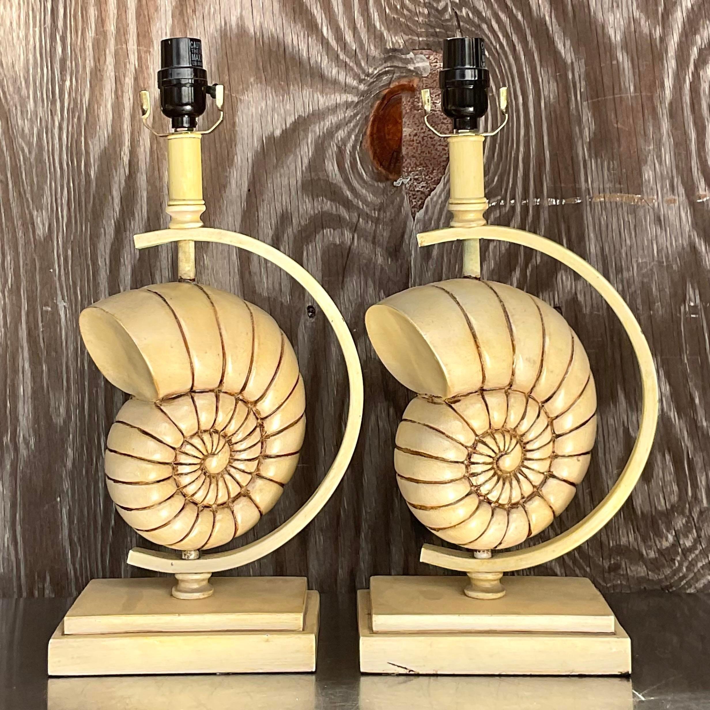 Vintage Coastal Carved Wood Nautilus Shell Lamps - a Pair In Good Condition For Sale In west palm beach, FL