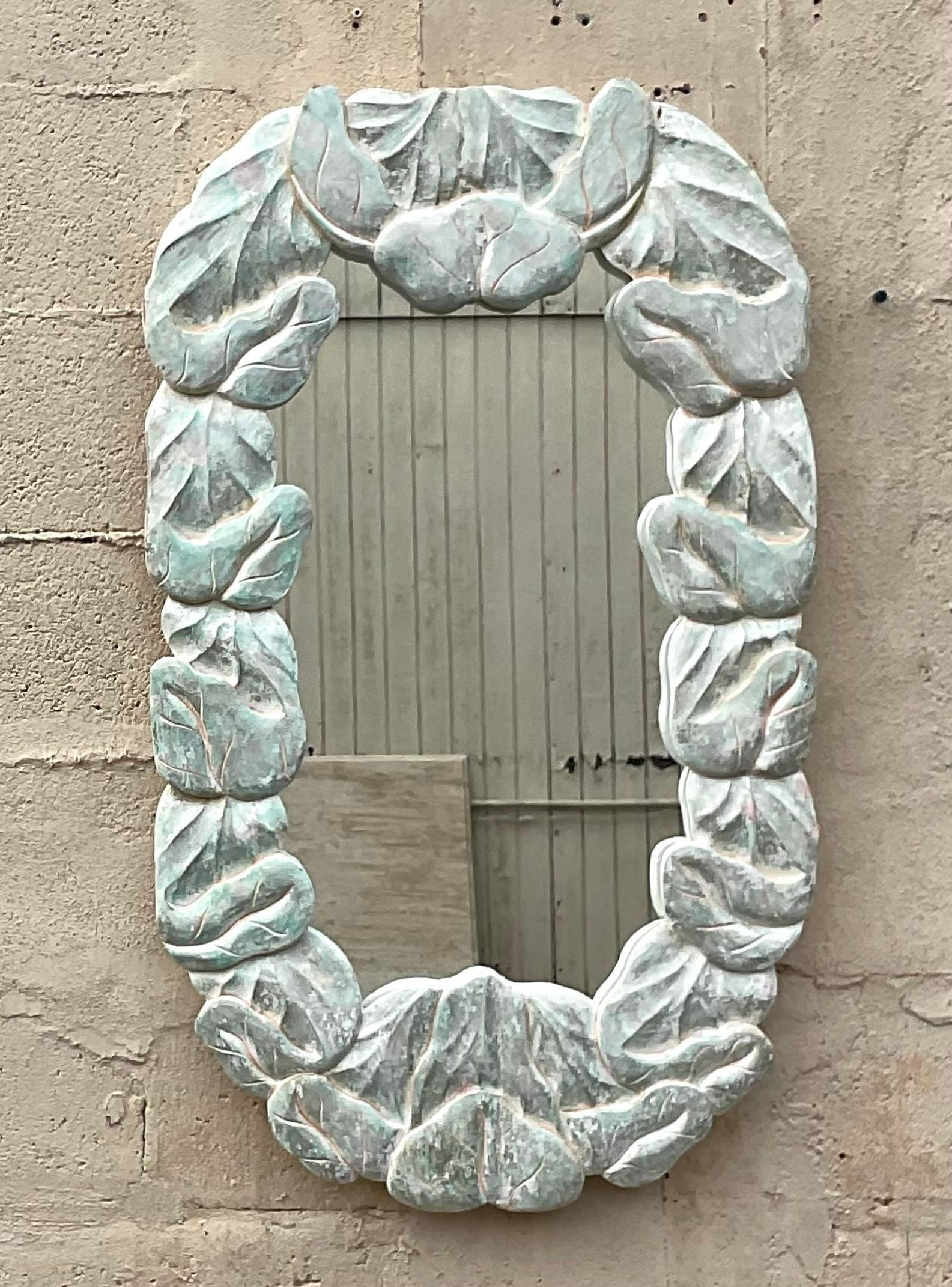 American Vintage Coastal Carved Wood Wrapped Leaves Mirror For Sale