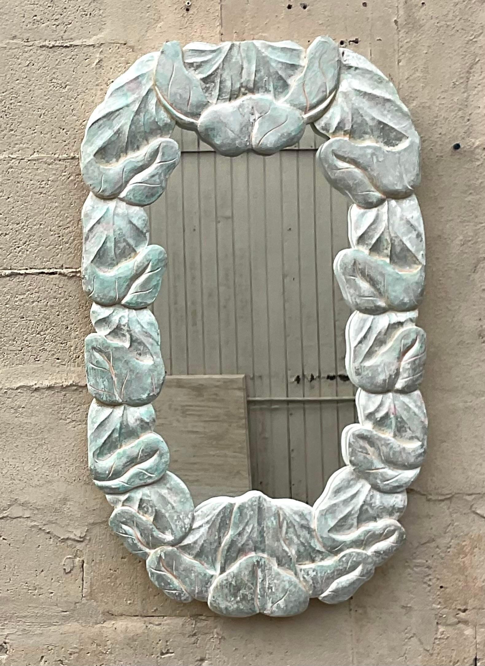 Vintage Coastal Carved Wood Wrapped Leaves Mirror In Good Condition For Sale In west palm beach, FL