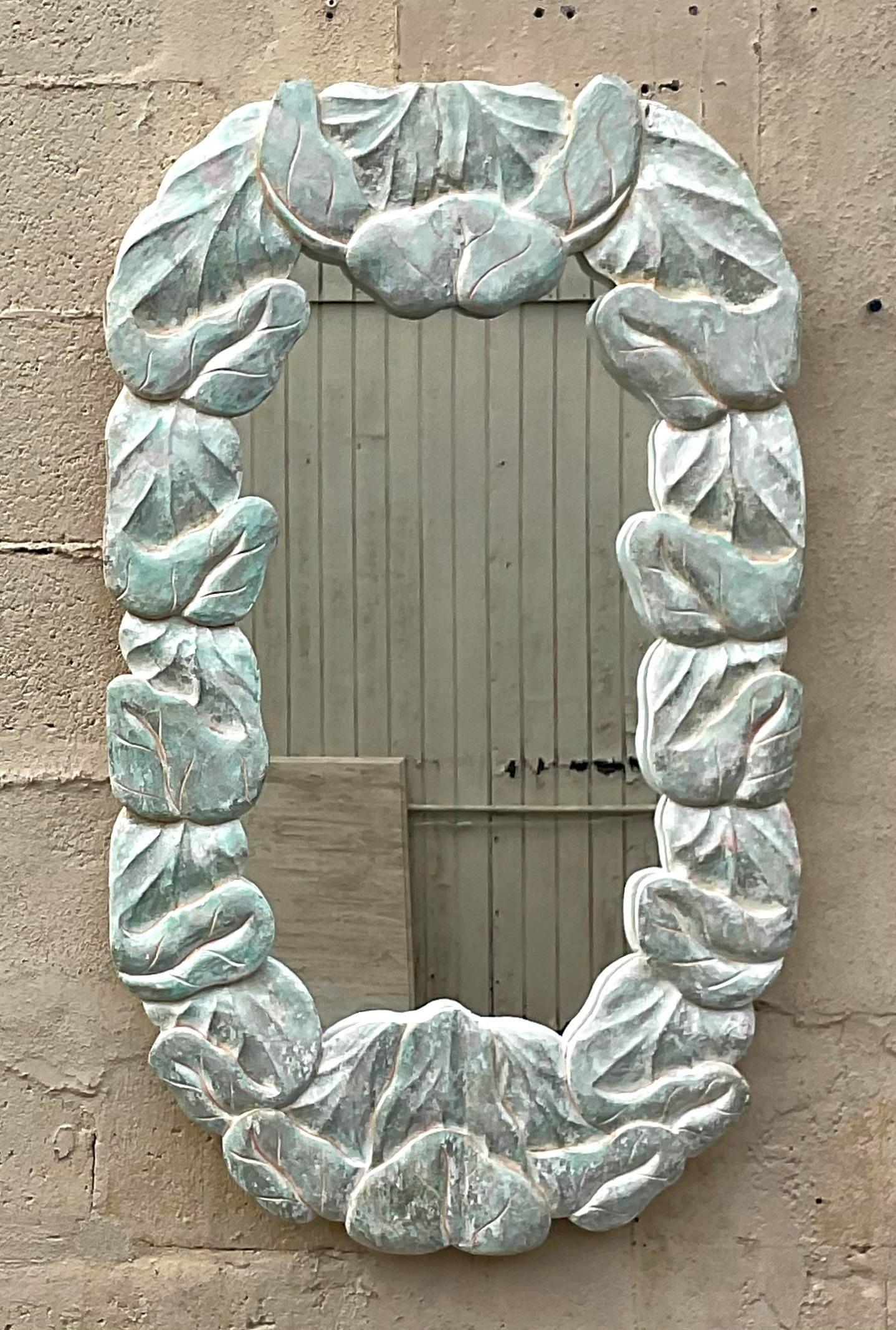 20th Century Vintage Coastal Carved Wood Wrapped Leaves Mirror For Sale