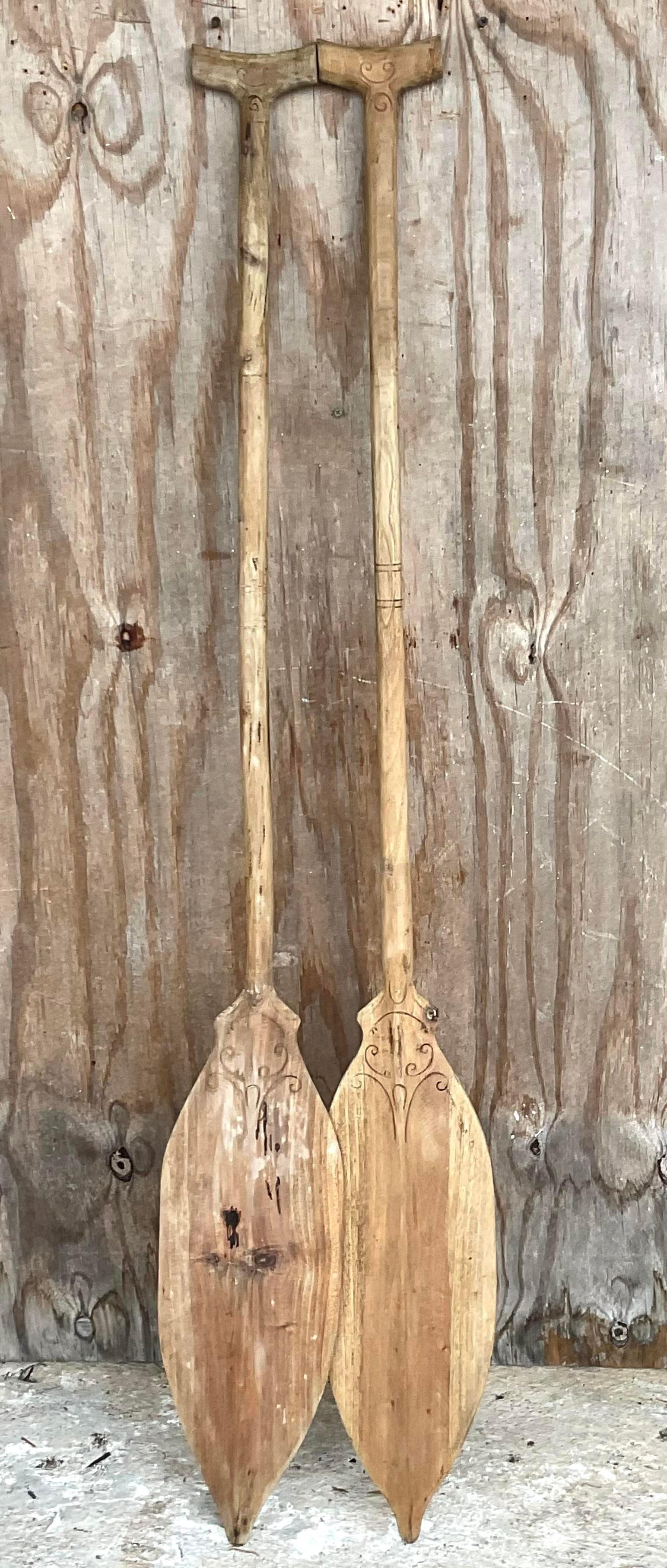 Vintage Coastal Carved Wooden Paddles - a Pair In Good Condition For Sale In west palm beach, FL