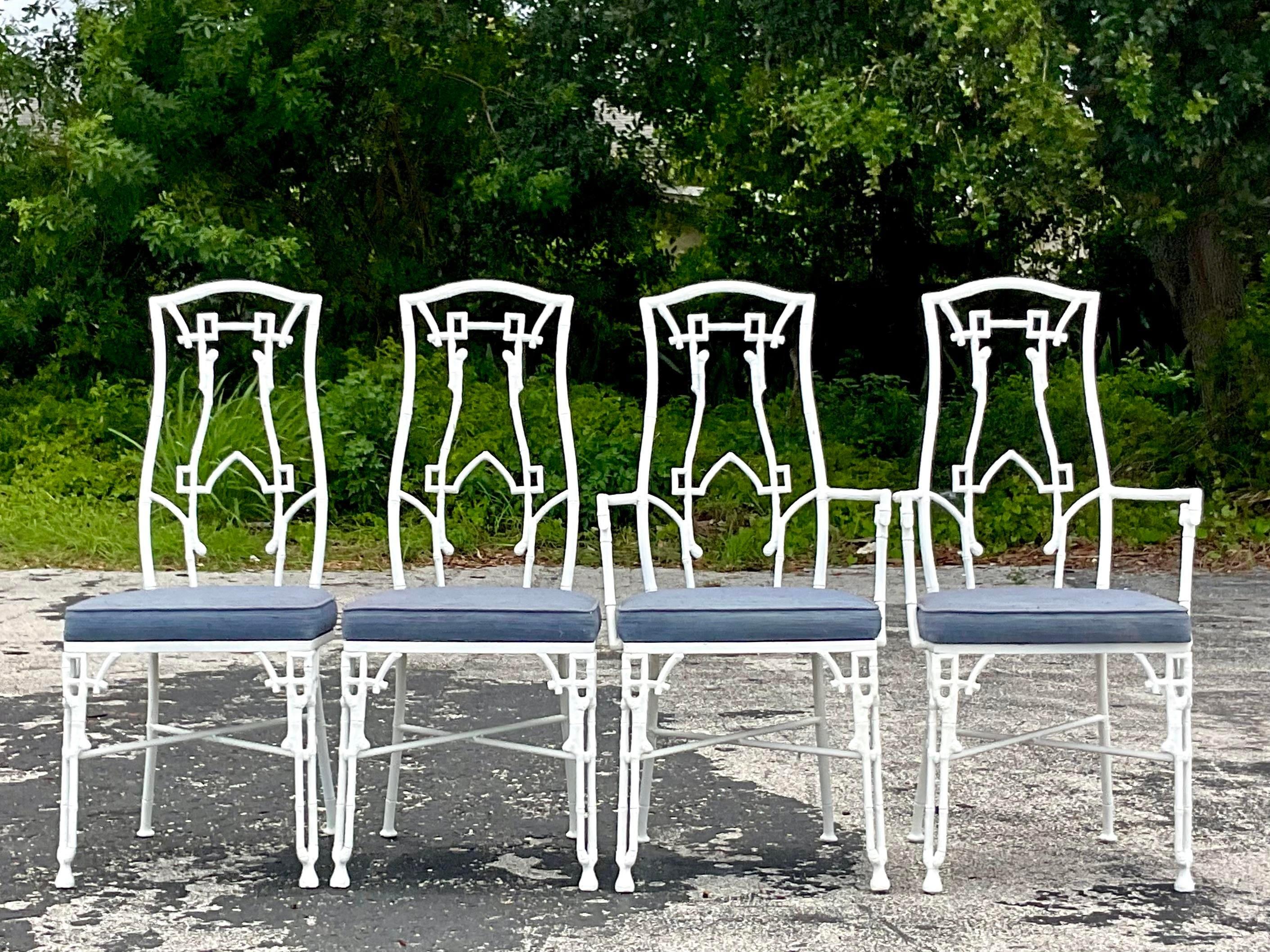 Vintage Coastal Cast Aluminum Bamboo Fretwork Outdoor Dining Chairs--Set of 4 4
