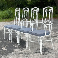 Vintage Coastal Cast Aluminum Bamboo Fretwork Outdoor Dining Chairs--Set of 4