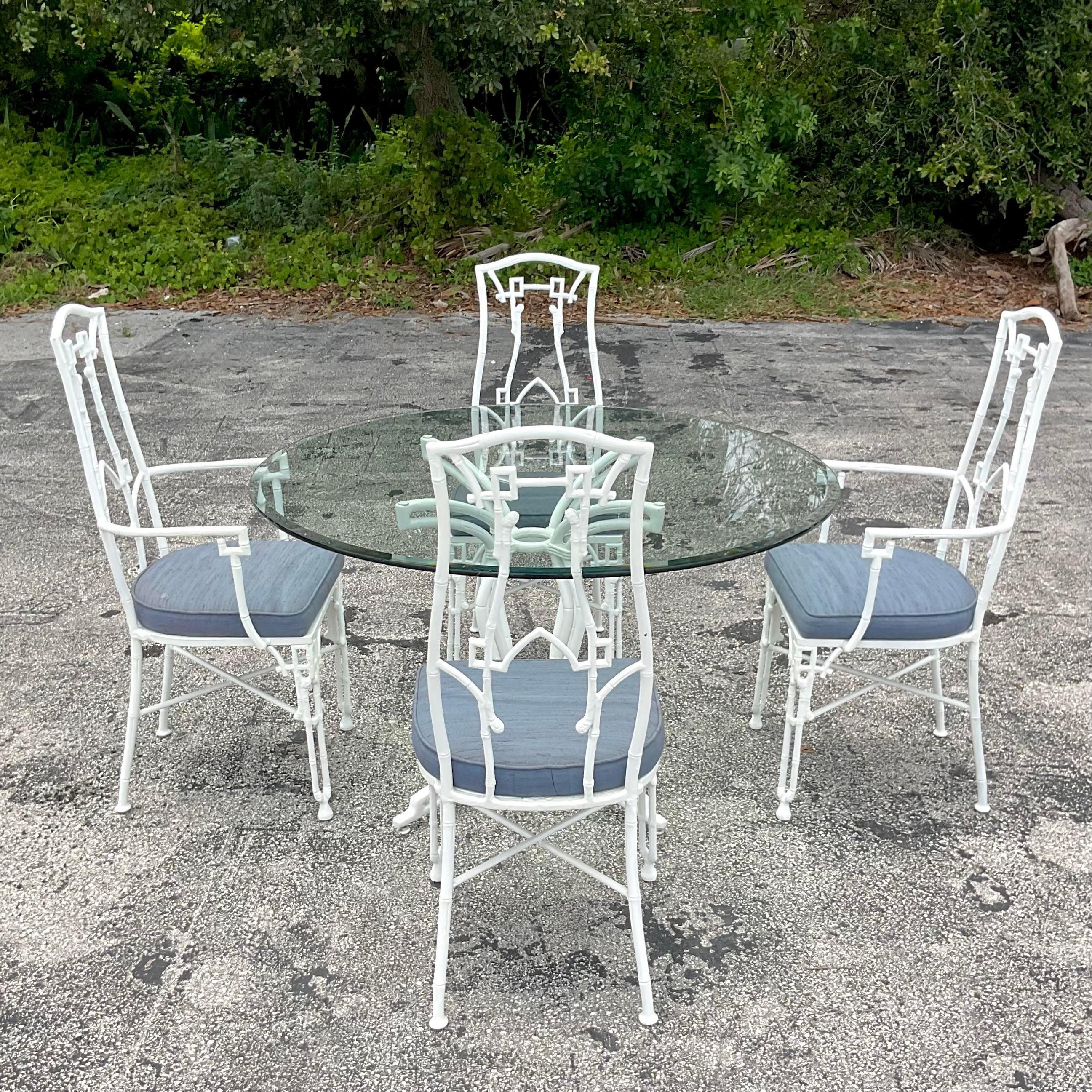 Hollywood Regency Vintage Coastal Cast Aluminum Bamboo Fretwork Outdoor Dining Chairs--Set of 4