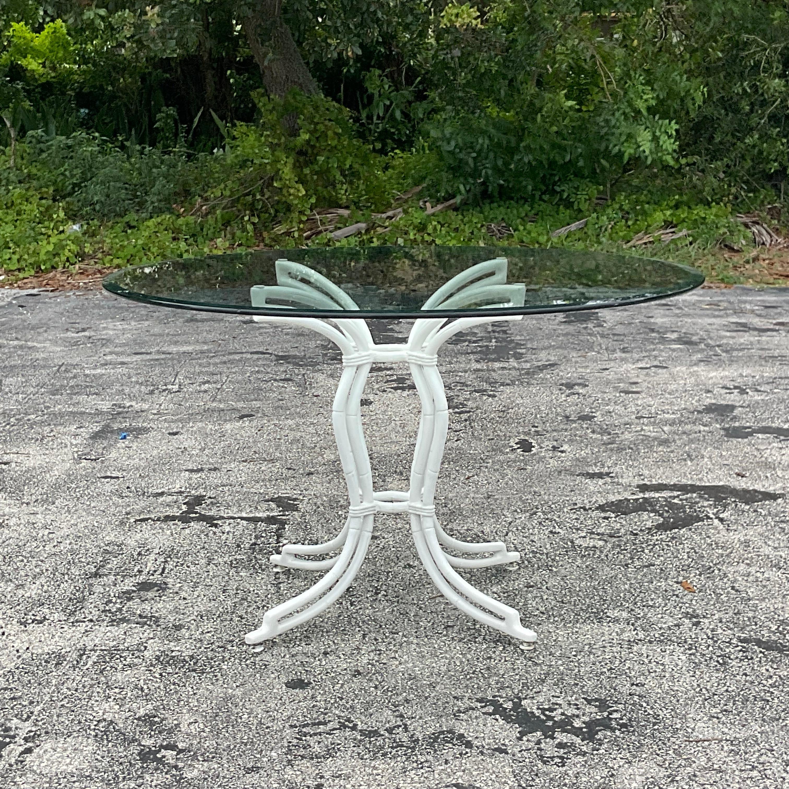 Vintage Coastal Cast Aluminum Bamboo Fretwork Outdoor Dining Chairs--Set of 4 In Good Condition In west palm beach, FL