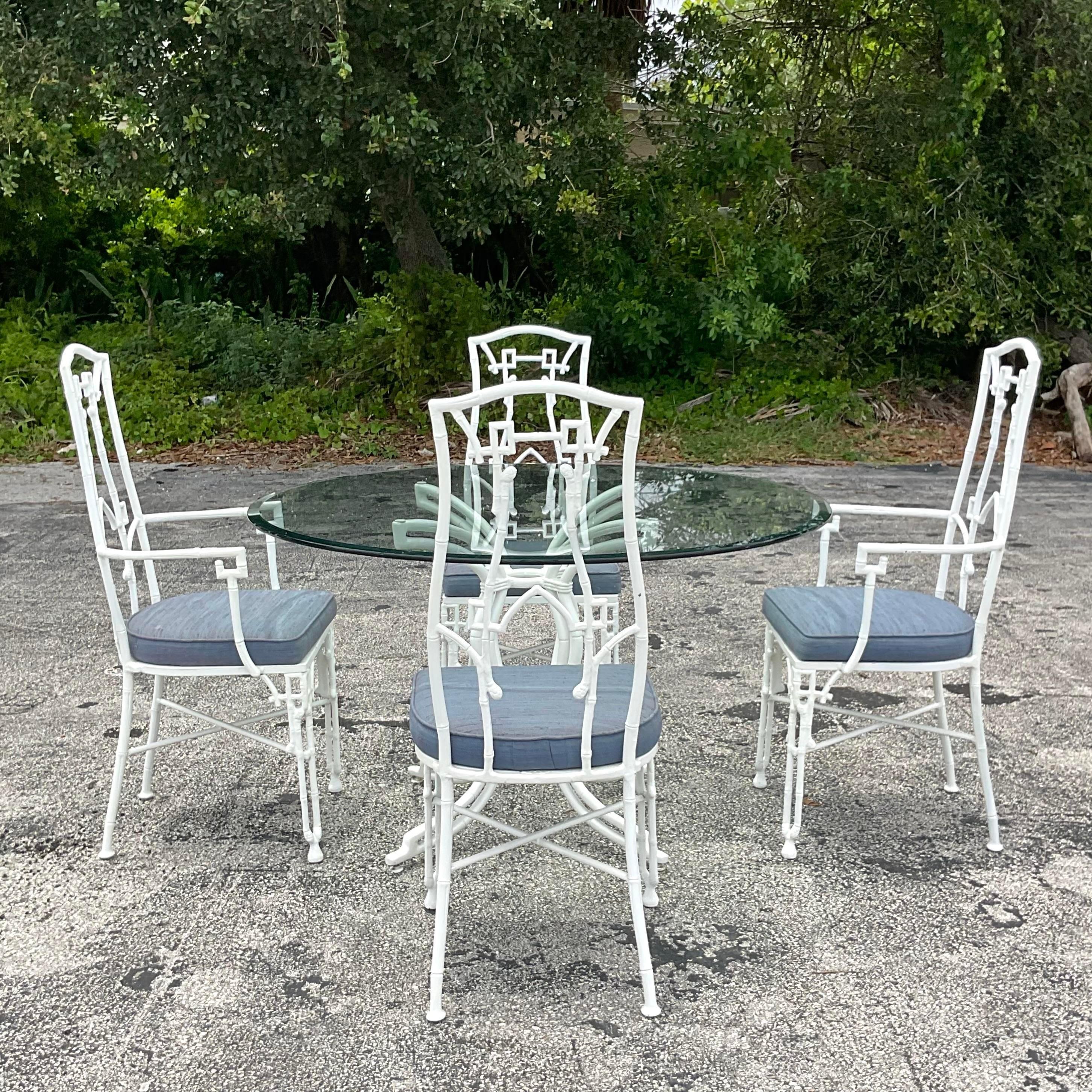 Mid-20th Century Vintage Coastal Cast Aluminum Bamboo Fretwork Outdoor Dining Chairs--Set of 4