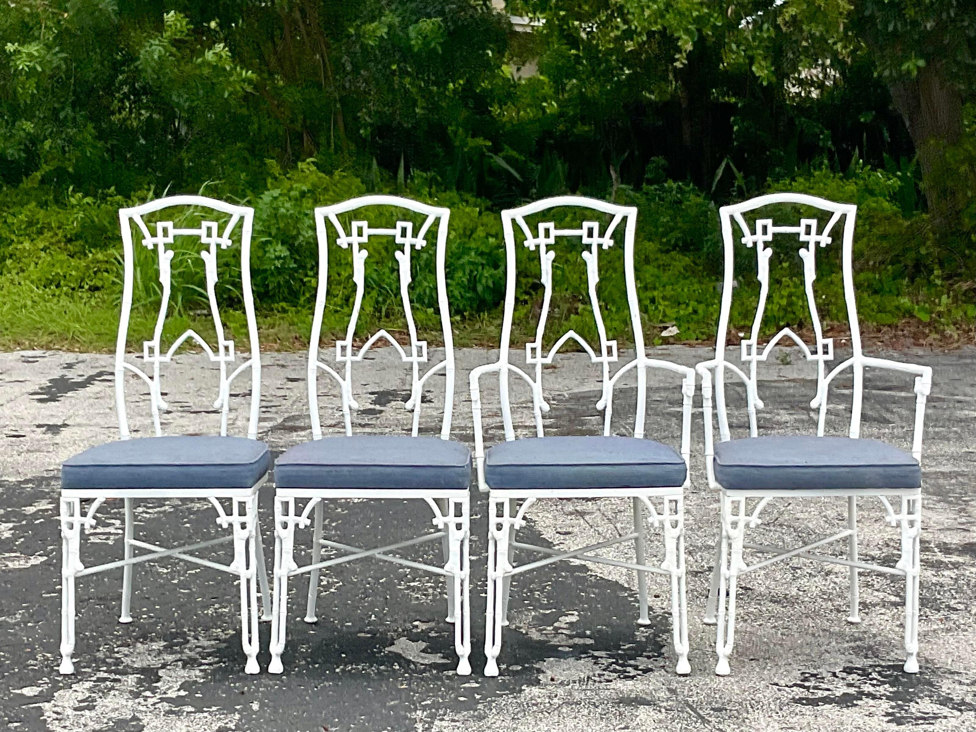 Vintage Coastal Cast Aluminum Bamboo Fretwork Outdoor Dining Chairs--Set of 4 2