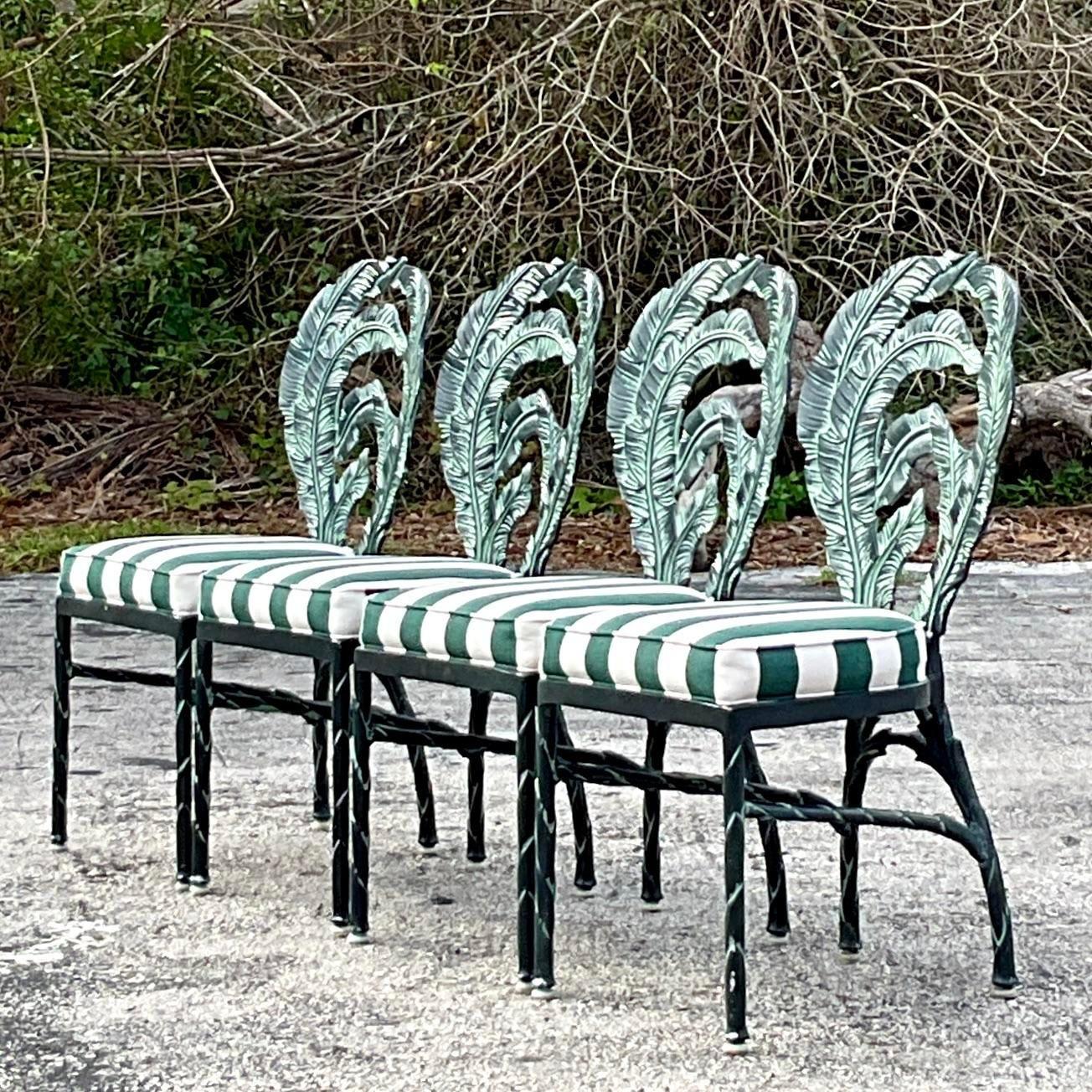 American Vintage Coastal Cast Aluminum Banana Leaf Chairs - Set of Four For Sale