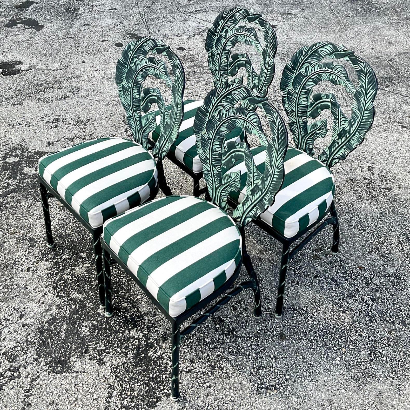 Vintage Coastal Cast Aluminum Banana Leaf Chairs - Set of Four In Good Condition For Sale In west palm beach, FL