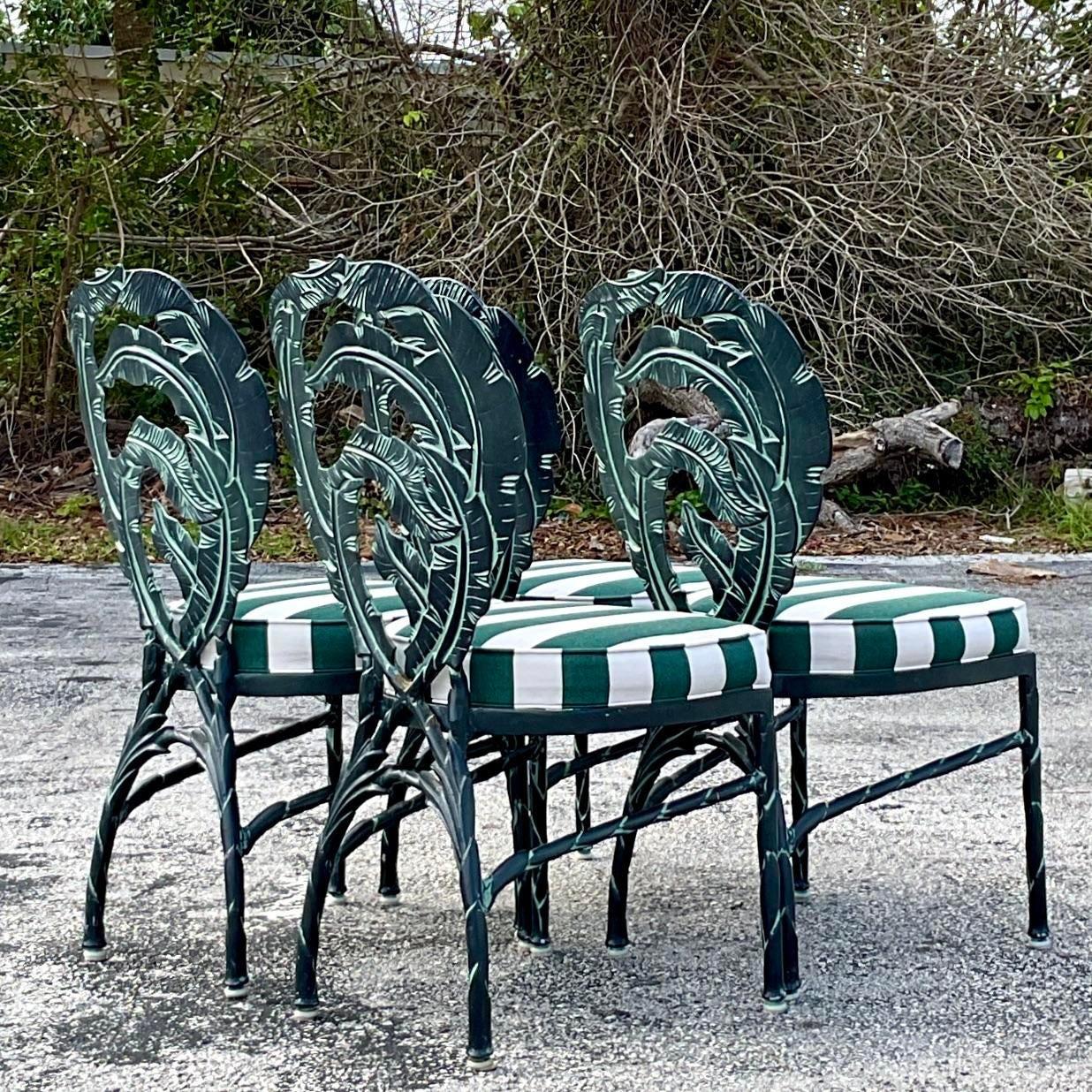 20th Century Vintage Coastal Cast Aluminum Banana Leaf Chairs - Set of Four For Sale