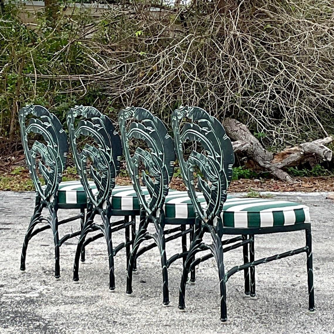 Vintage Coastal Cast Aluminum Banana Leaf Chairs - Set of Four For Sale 1