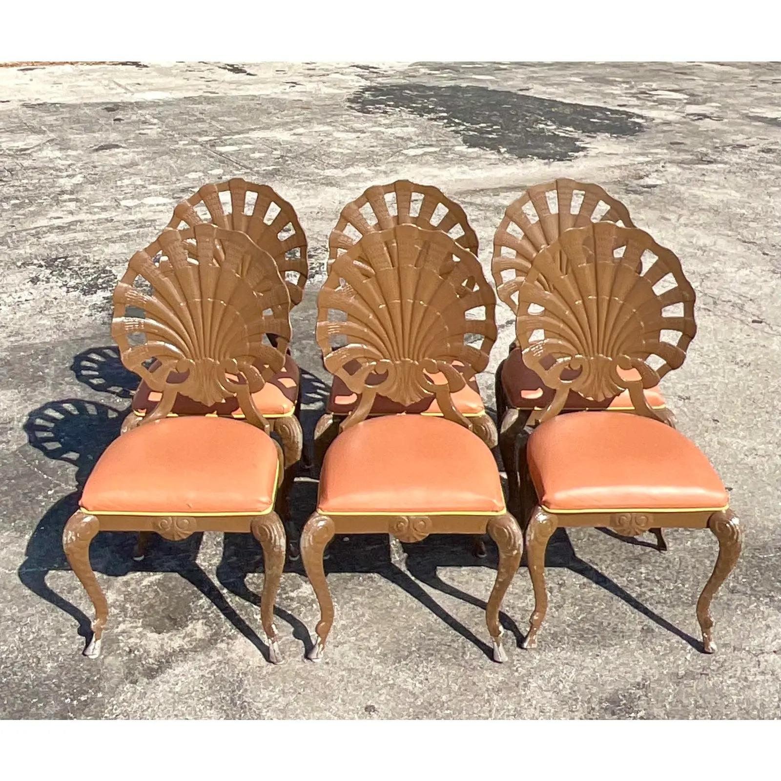 Fantastic set of 6 cast aluminum outdoor dining chairs. Made by the iconic Brown Jordan. Beautiful shell back grotto design. Perfect as is or update to your colors. You decide! Unmarked. Acquired from a Palm beach estate.