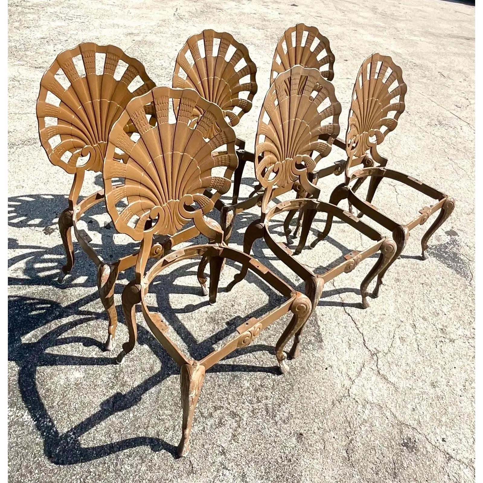 Vintage Coastal Cast Aluminum Brown Jordan Grotto Chairs, Set of 6 In Good Condition In west palm beach, FL