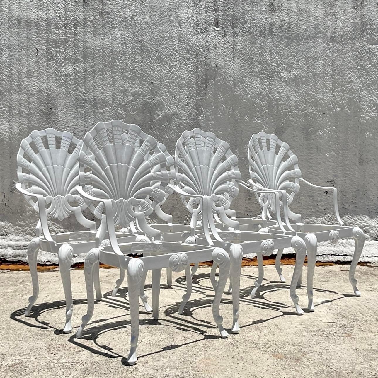 American Vintage Coastal Cast Aluminum Grotto Dining Chairs After Brown Jordan - Set of 6