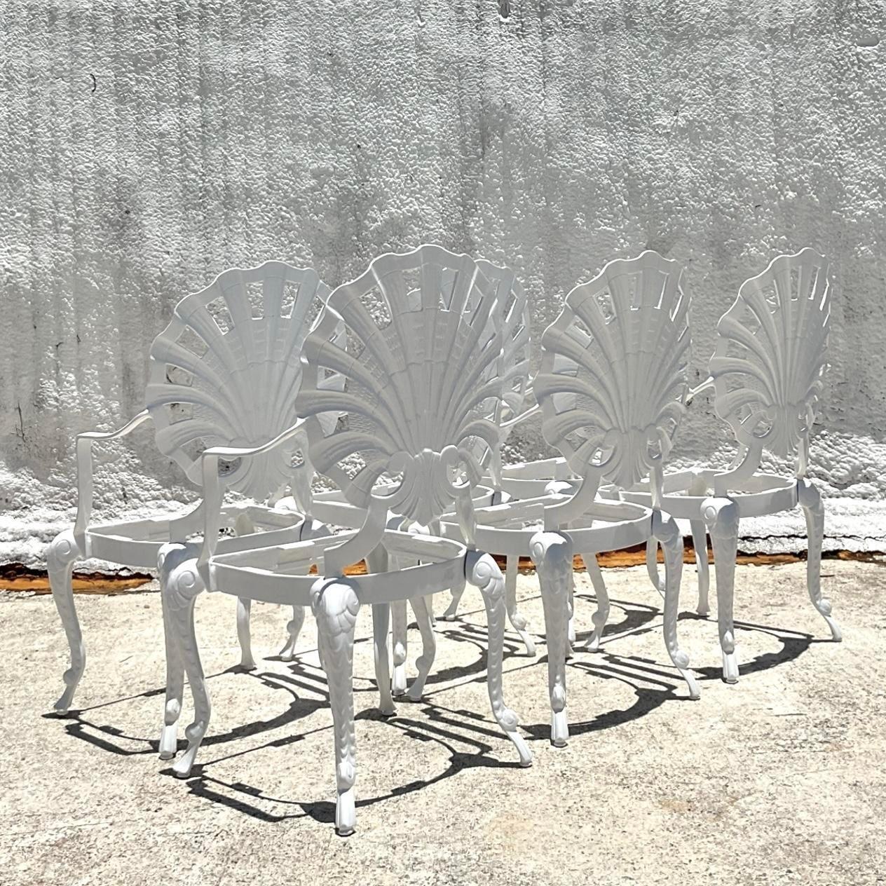 Vintage Coastal Cast Aluminum Grotto Dining Chairs After Brown Jordan - Set of 6 In Good Condition In west palm beach, FL