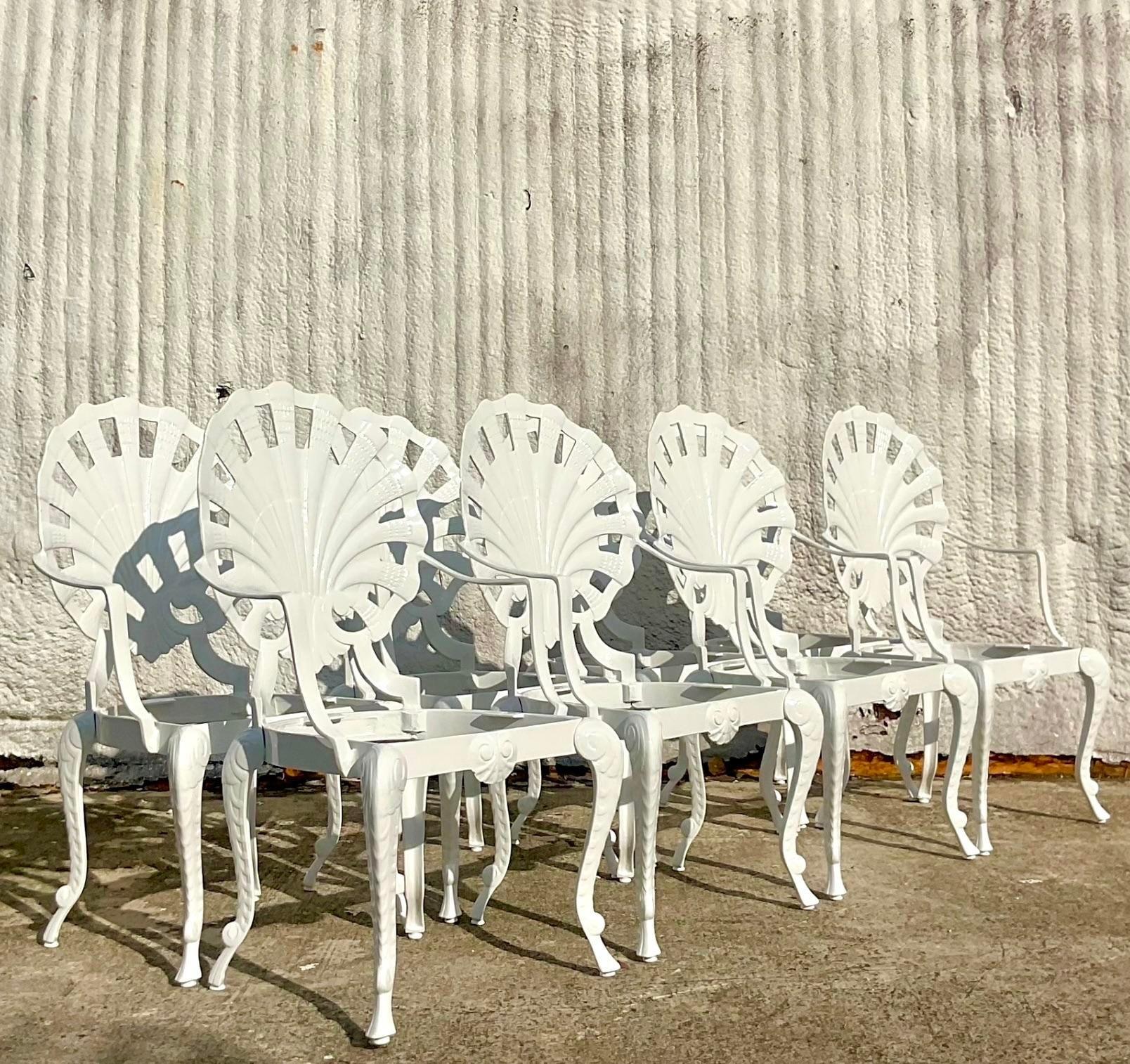 Vintage Coastal Cast Aluminum Grotto Dining Chairs After Brown Jordan - Set of 8 In Good Condition In west palm beach, FL