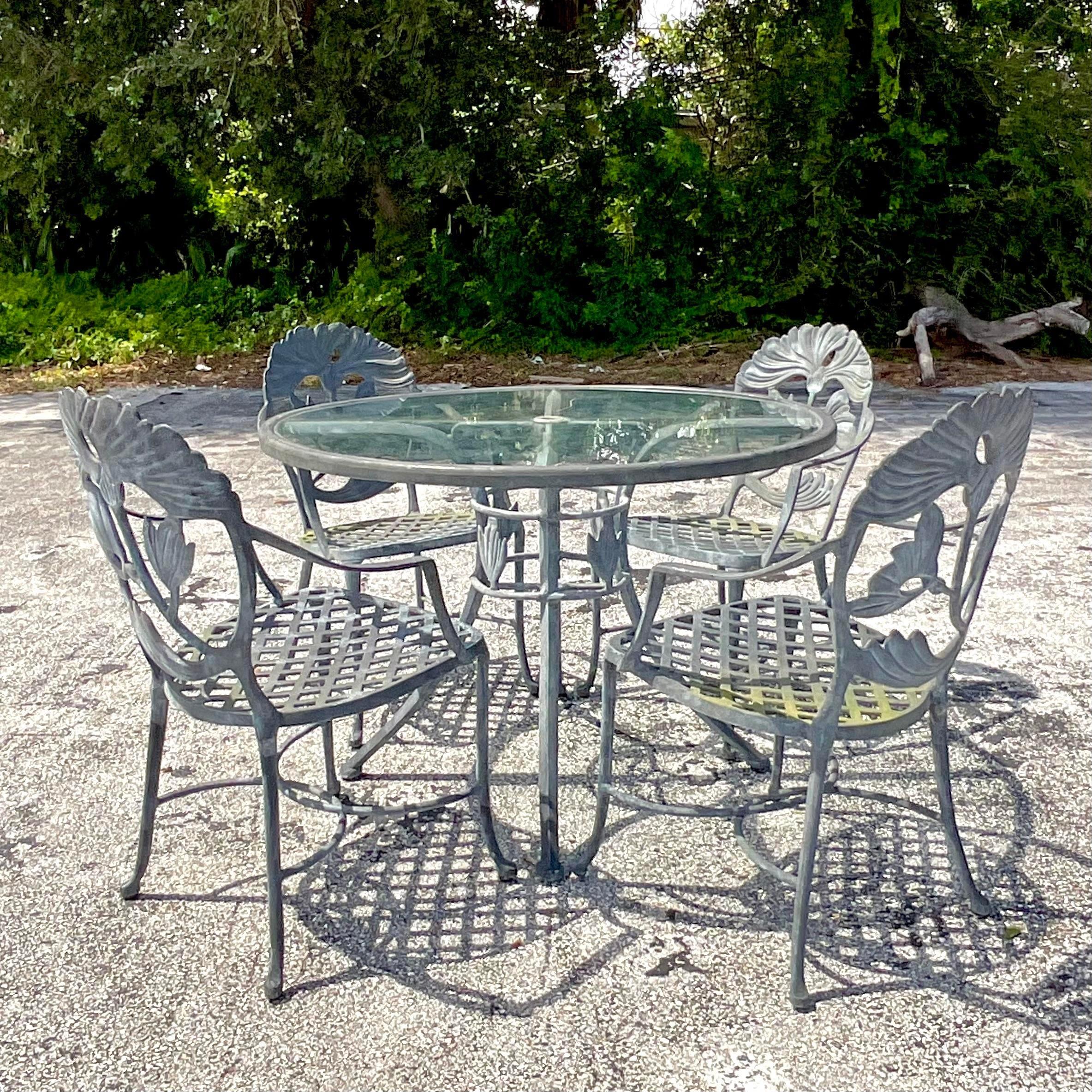 Vintage Coastal Cast Aluminum Lily Outdoor Dining Chairs - Set of 4 In Good Condition In west palm beach, FL