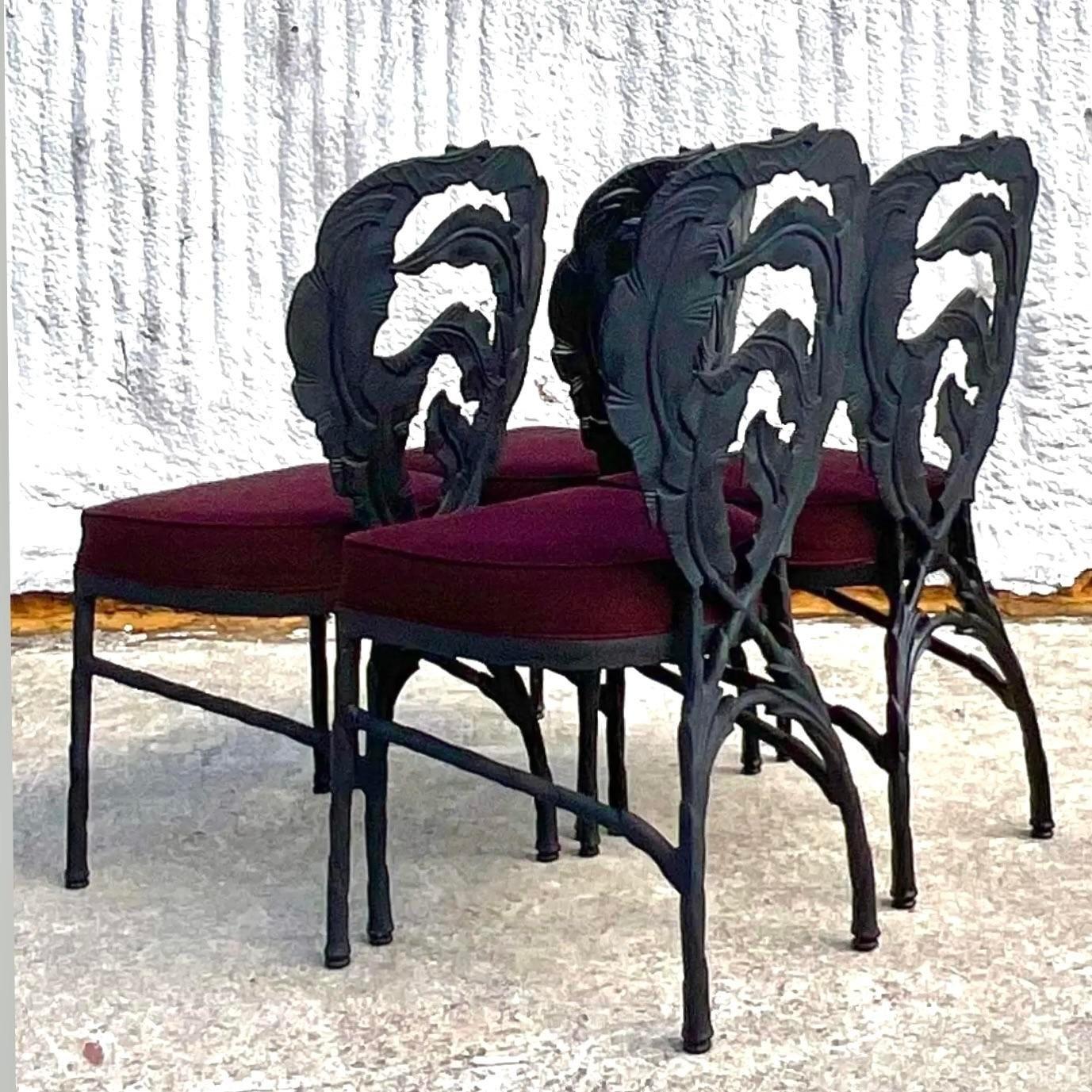 American Vintage Coastal Cast Aluminum Outdoor Banana Leaf Dining Chairs - Set of 4 For Sale