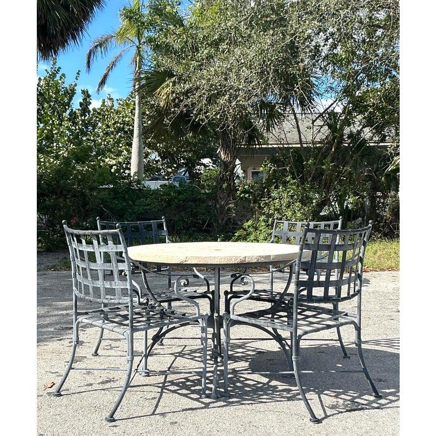 Mid-Century Modern Vintage Coastal Cast Aluminum Outdoor Dining Table & 4 Chairs