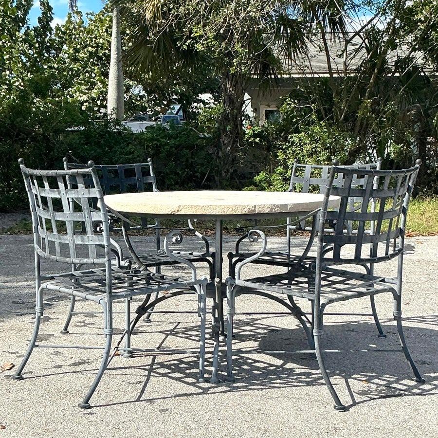 Vintage Coastal Cast Aluminum Outdoor Dining Table & 4 Chairs In Good Condition In west palm beach, FL