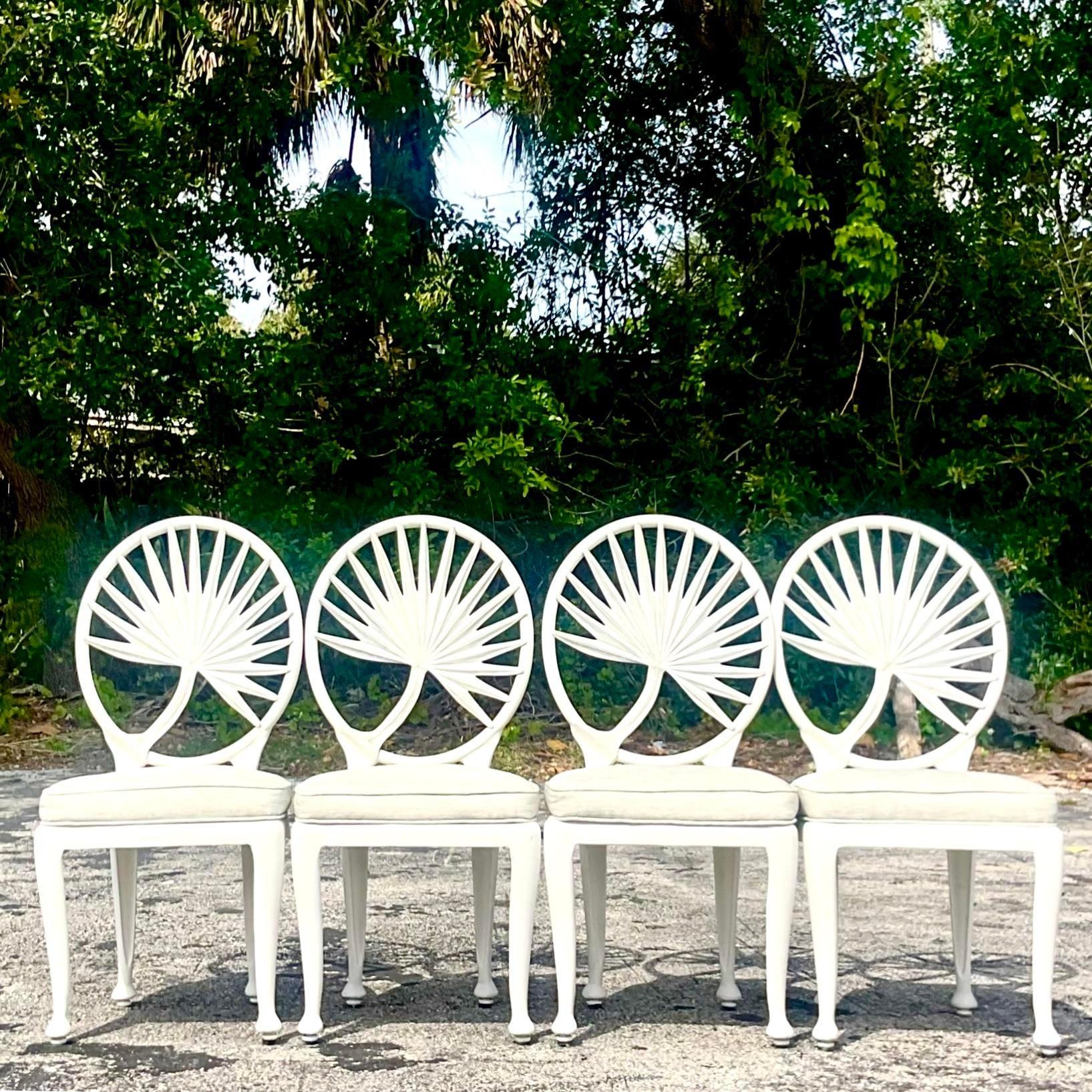 Vintage Coastal Cast Aluminum Palm Frond Chairs After Brown Jordan - Set of 4 In Good Condition In West Palm Beach, FL