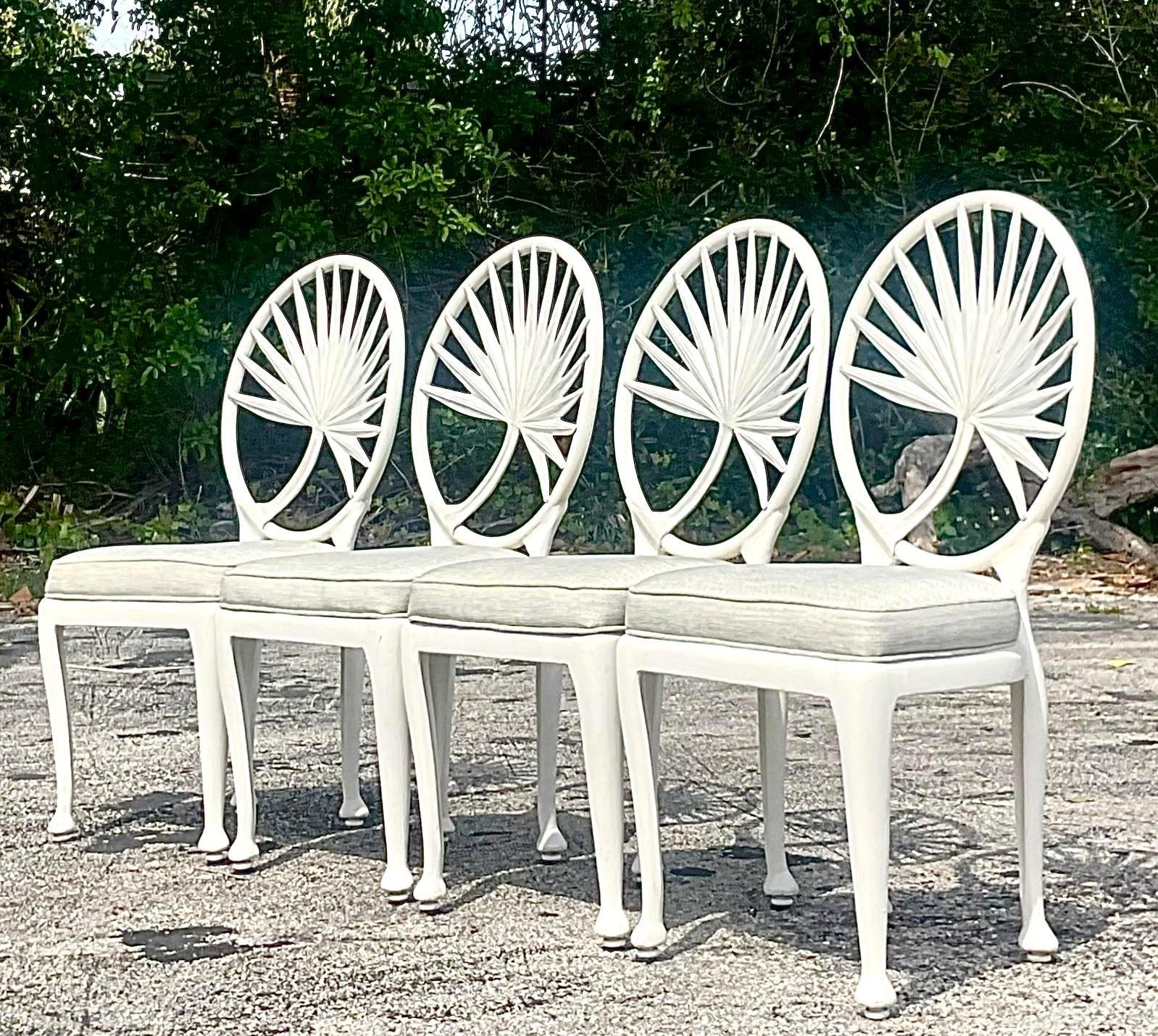 20th Century Vintage Coastal Cast Aluminum Palm Frond Chairs After Brown Jordan - Set of 4