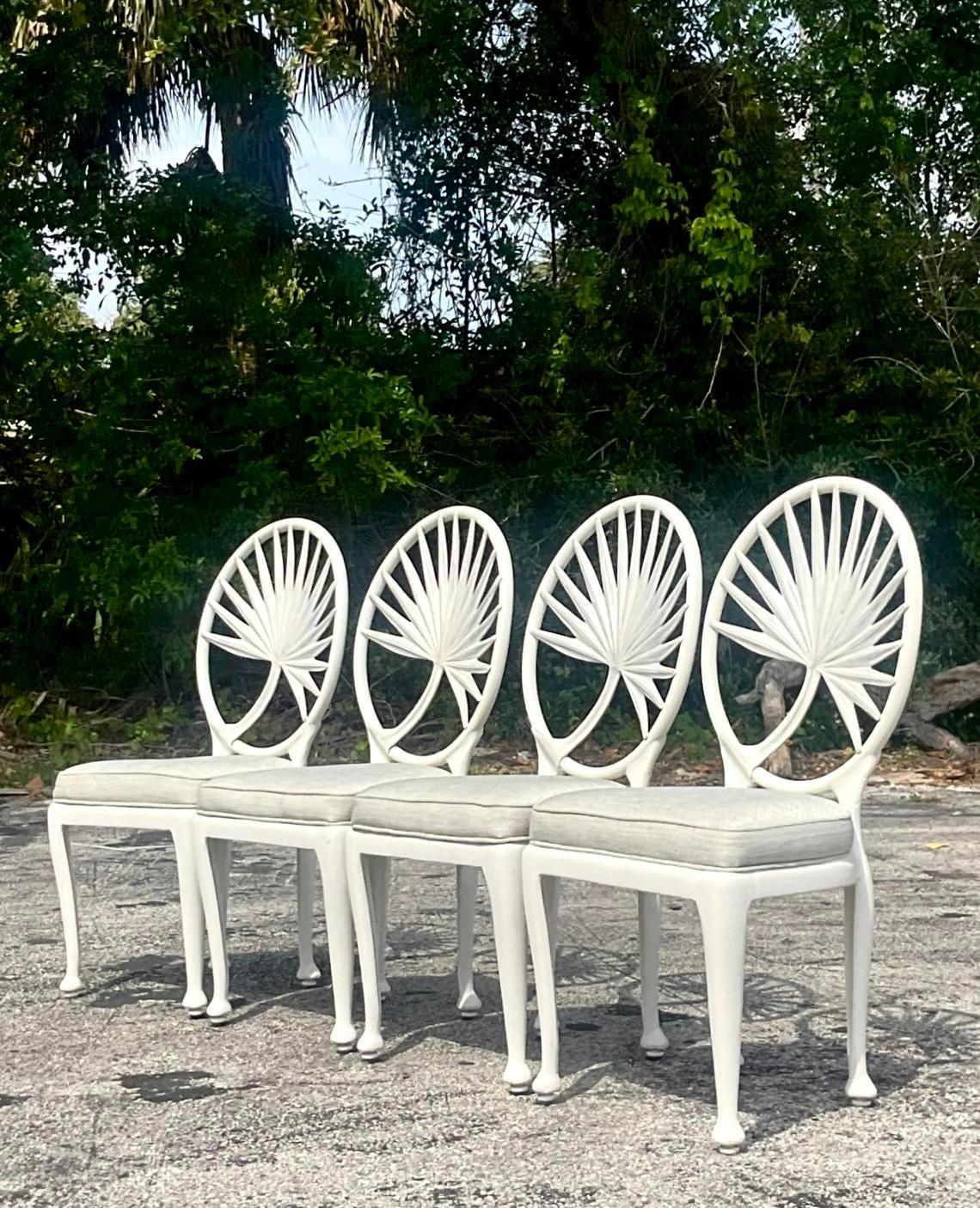 Vintage Coastal Cast Aluminum Palm Frond Chairs After Brown Jordan - Set of 4 1