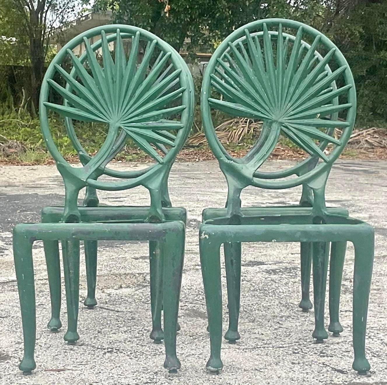 American Vintage Coastal Cast Aluminum Palm Frond Dining Chairs After Brown Jordan