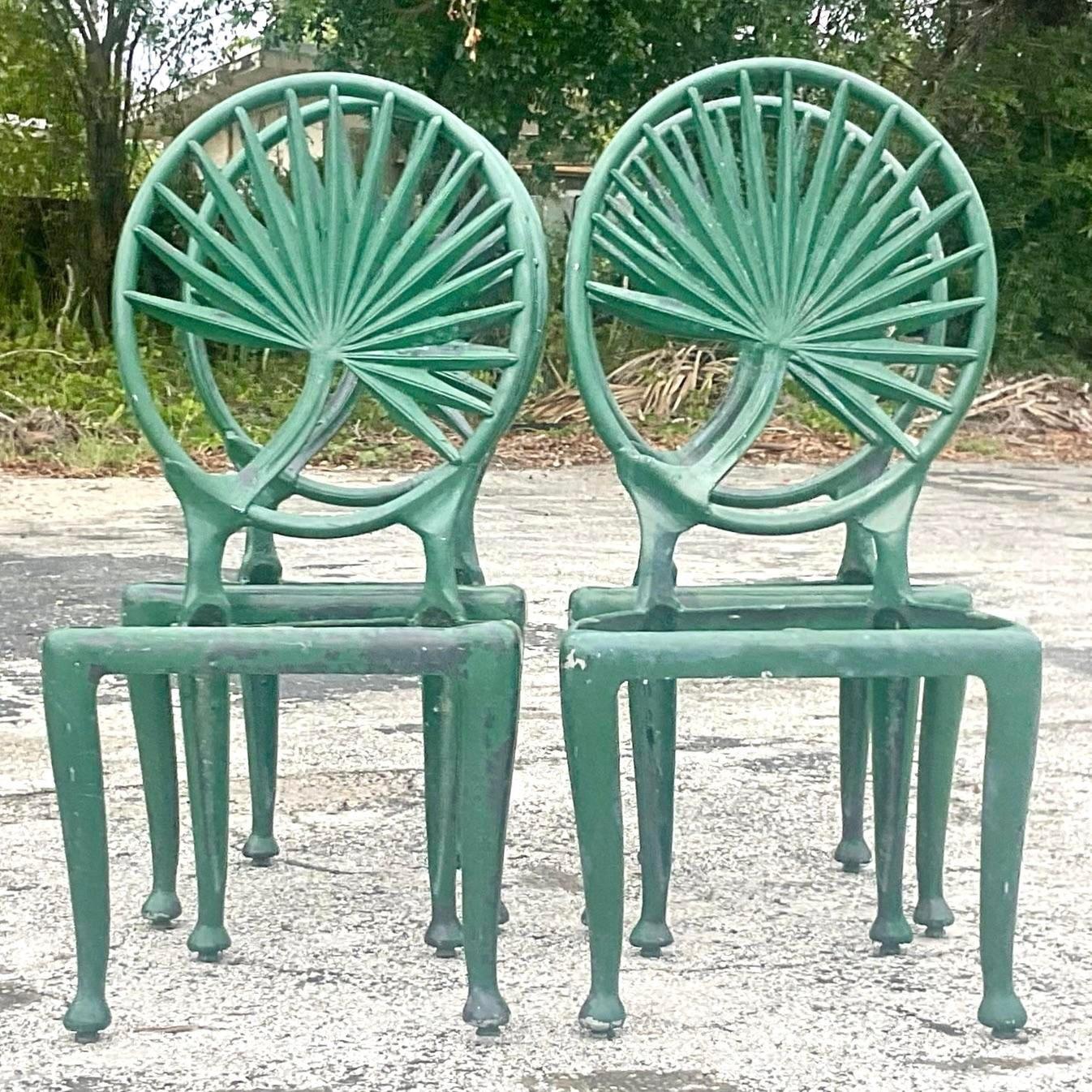 Vintage Coastal Cast Aluminum Palm Frond Dining Chairs After Brown Jordan In Good Condition In west palm beach, FL