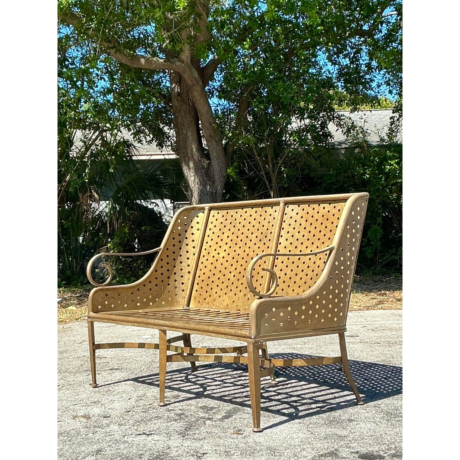Vintage Coastal Cast Aluminum Punch Cut Diamond Sofa For Sale 5