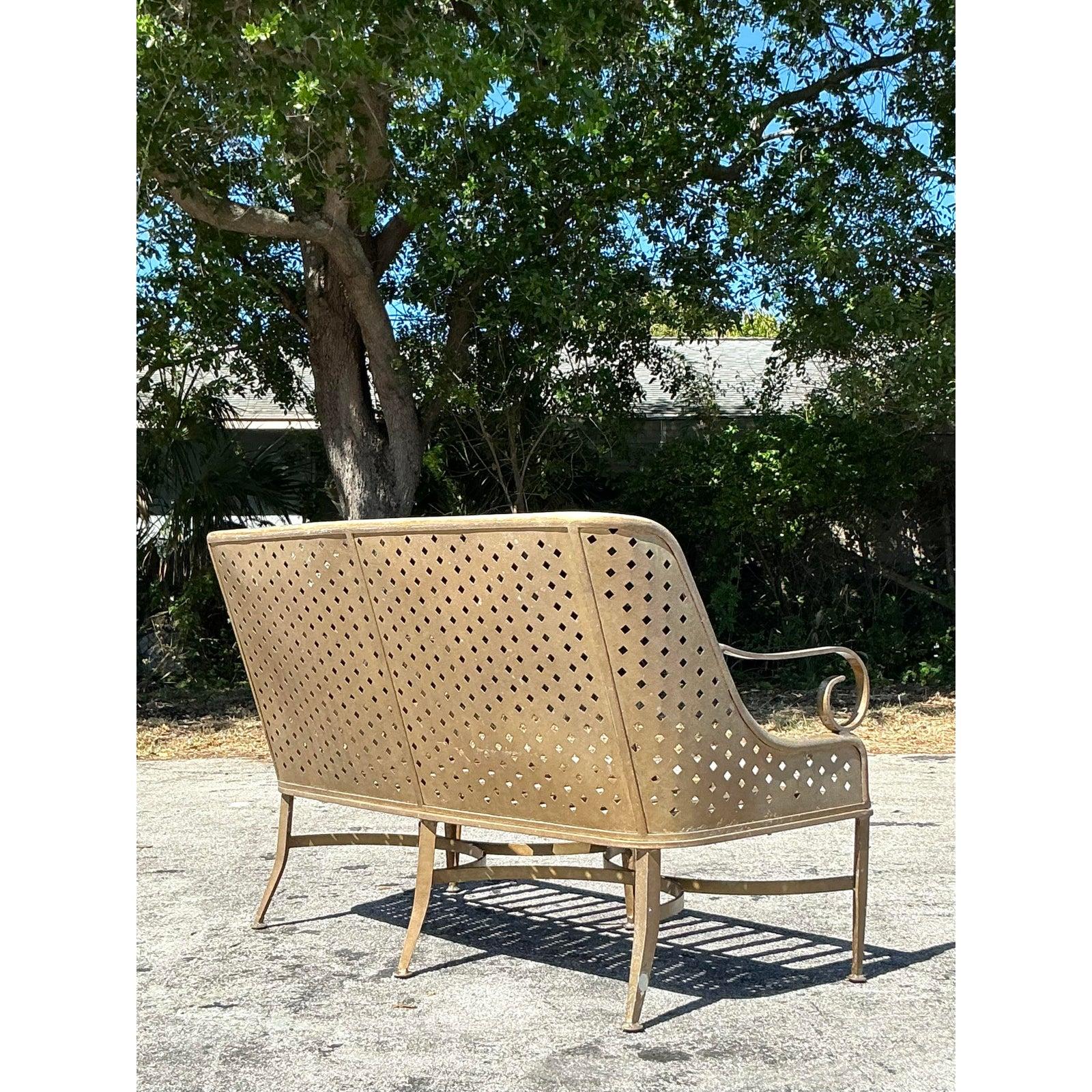 Vintage Coastal Cast Aluminum Punch Cut Diamond Sofa For Sale 6