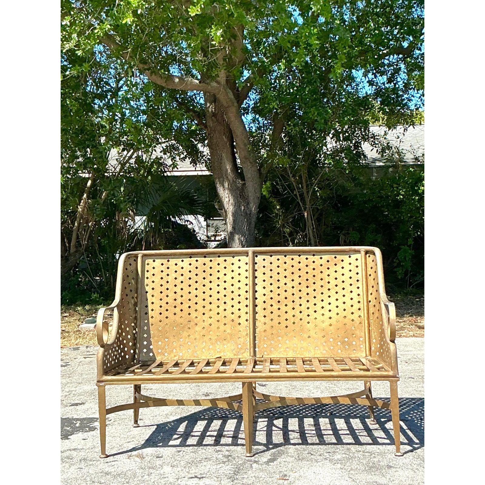 Vintage Coastal Cast Aluminum Punch Cut Diamond Sofa For Sale 8