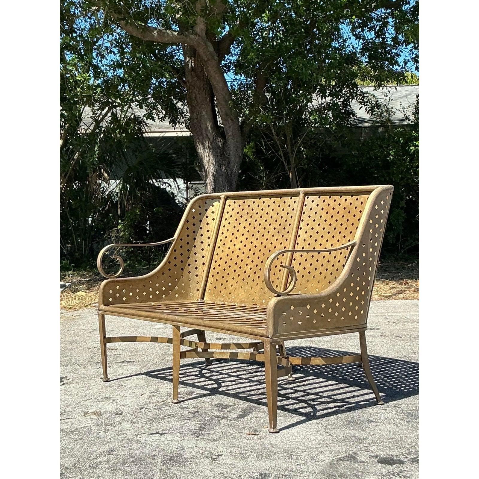 Vintage Coastal Cast Aluminum Punch Cut Diamond Sofa In Good Condition For Sale In west palm beach, FL