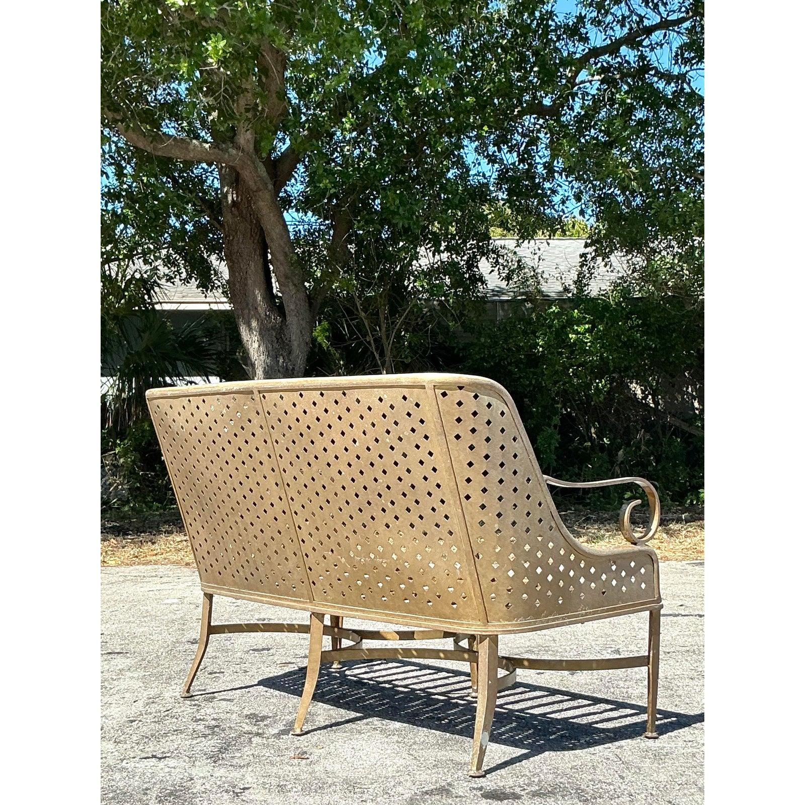 Vintage Coastal Cast Aluminum Punch Cut Diamond Sofa For Sale 1