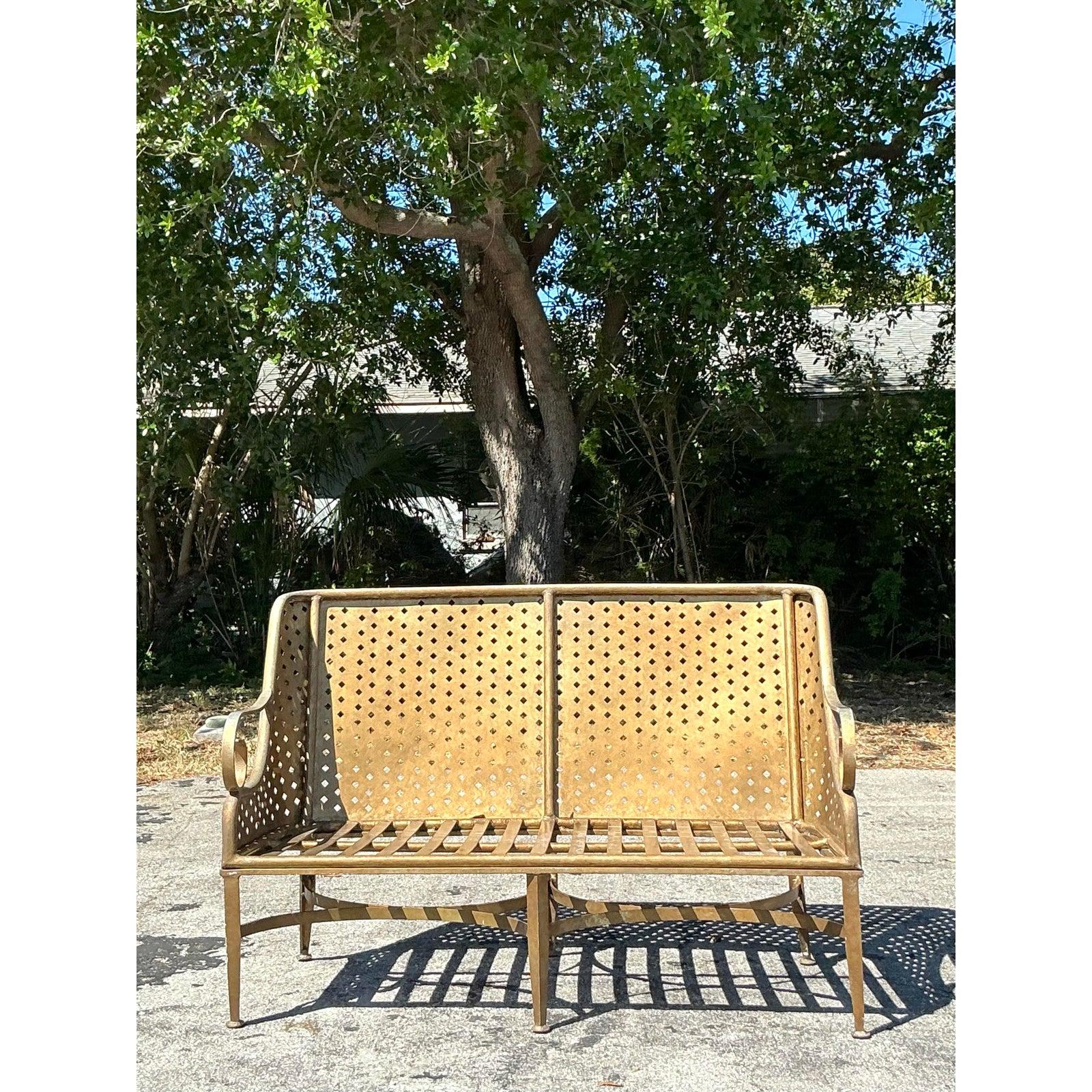 Vintage Coastal Cast Aluminum Punch Cut Diamond Sofa For Sale 2