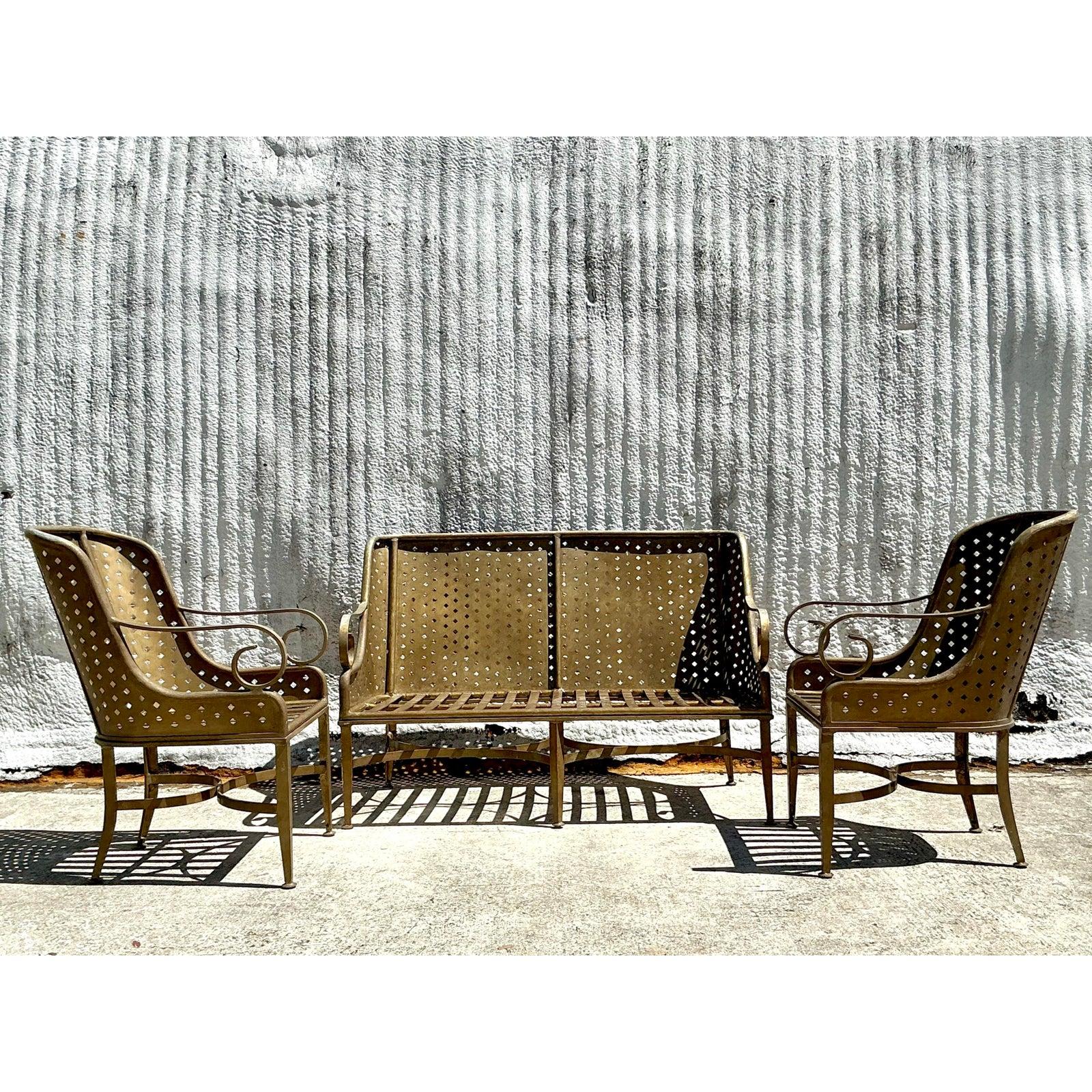 Vintage Coastal Cast Aluminum Punch Cut Diamond Sofa For Sale 4