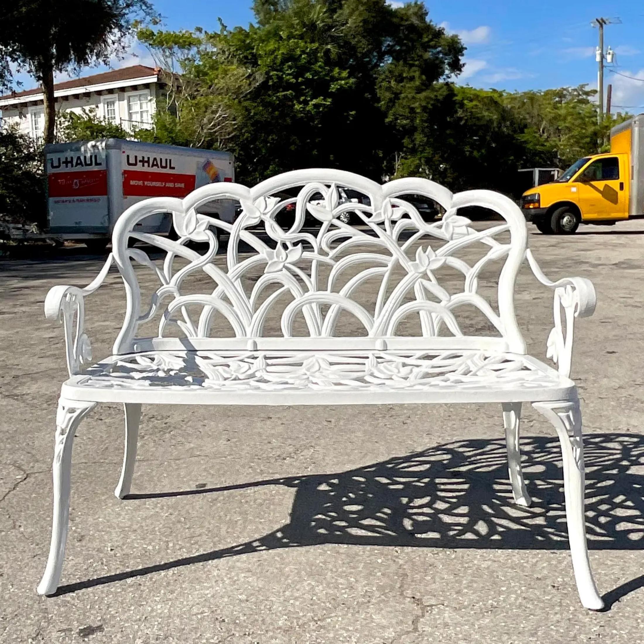 Vintage Coastal Cast Aluminum Settee In Good Condition For Sale In west palm beach, FL