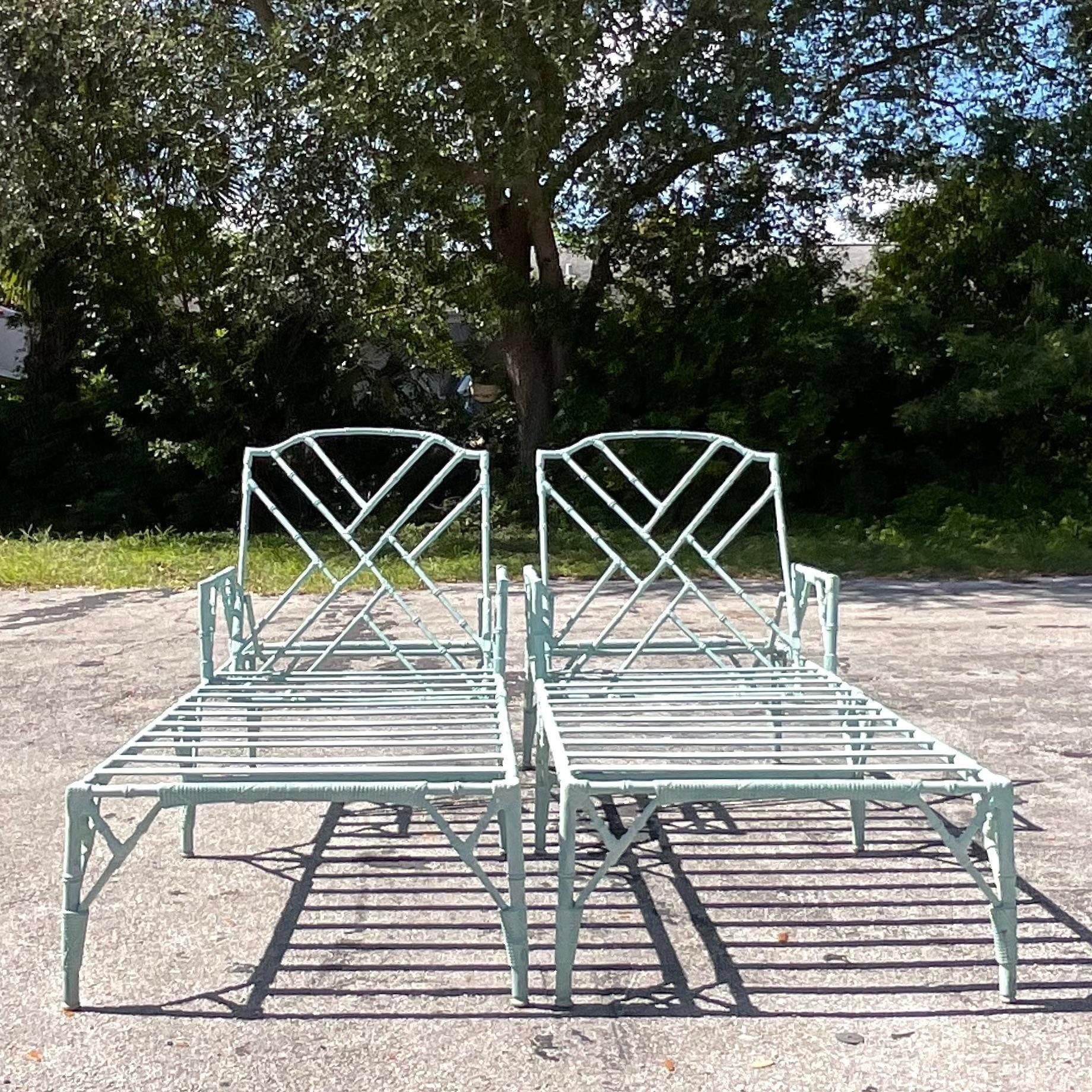 Vintage Coastal Cast Aluminum Veneman Bamboo Chaise Lounges - A Pair In Good Condition In west palm beach, FL