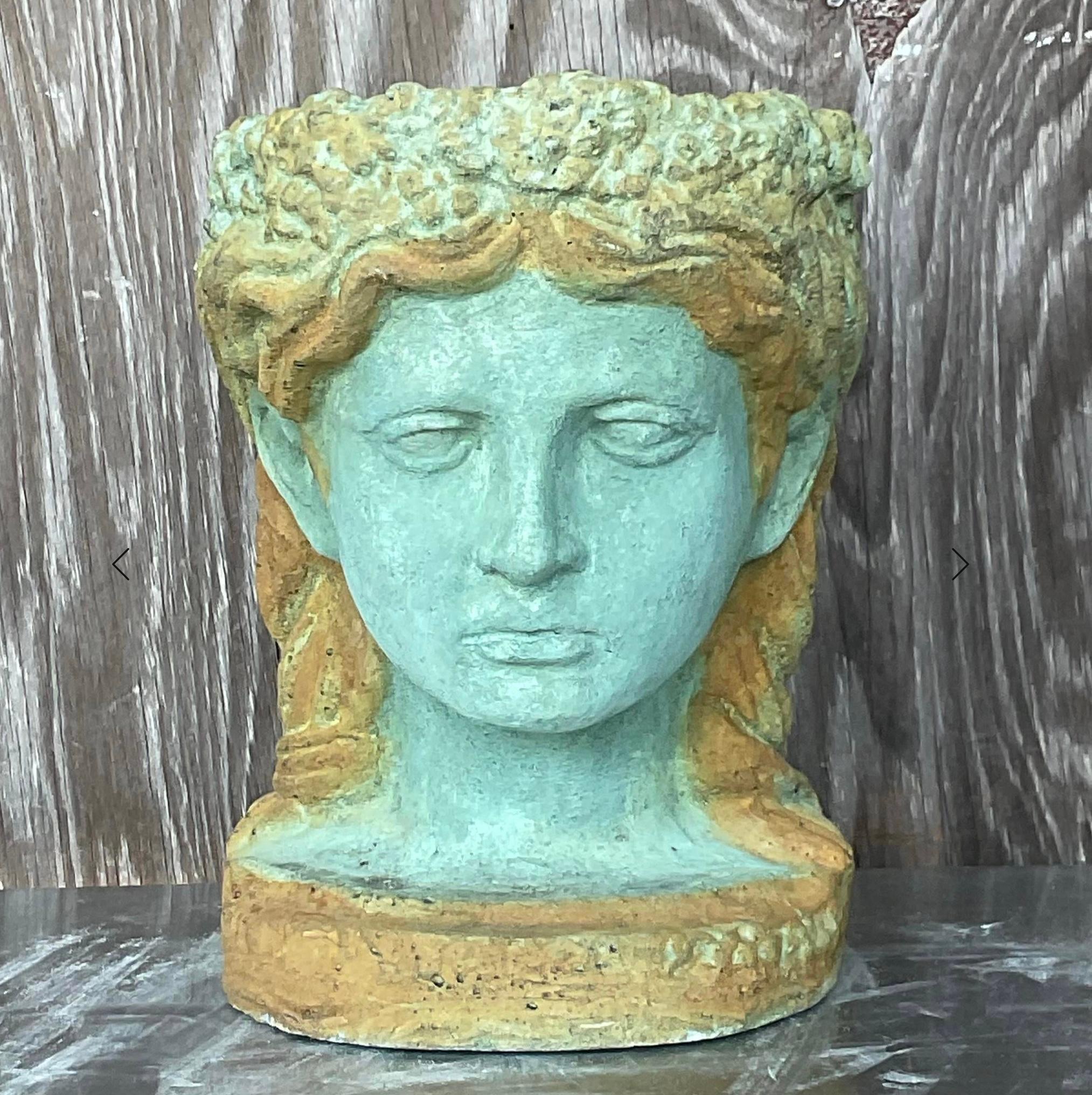 North American Vintage Coastal Cast Cement Female Head Planter For Sale